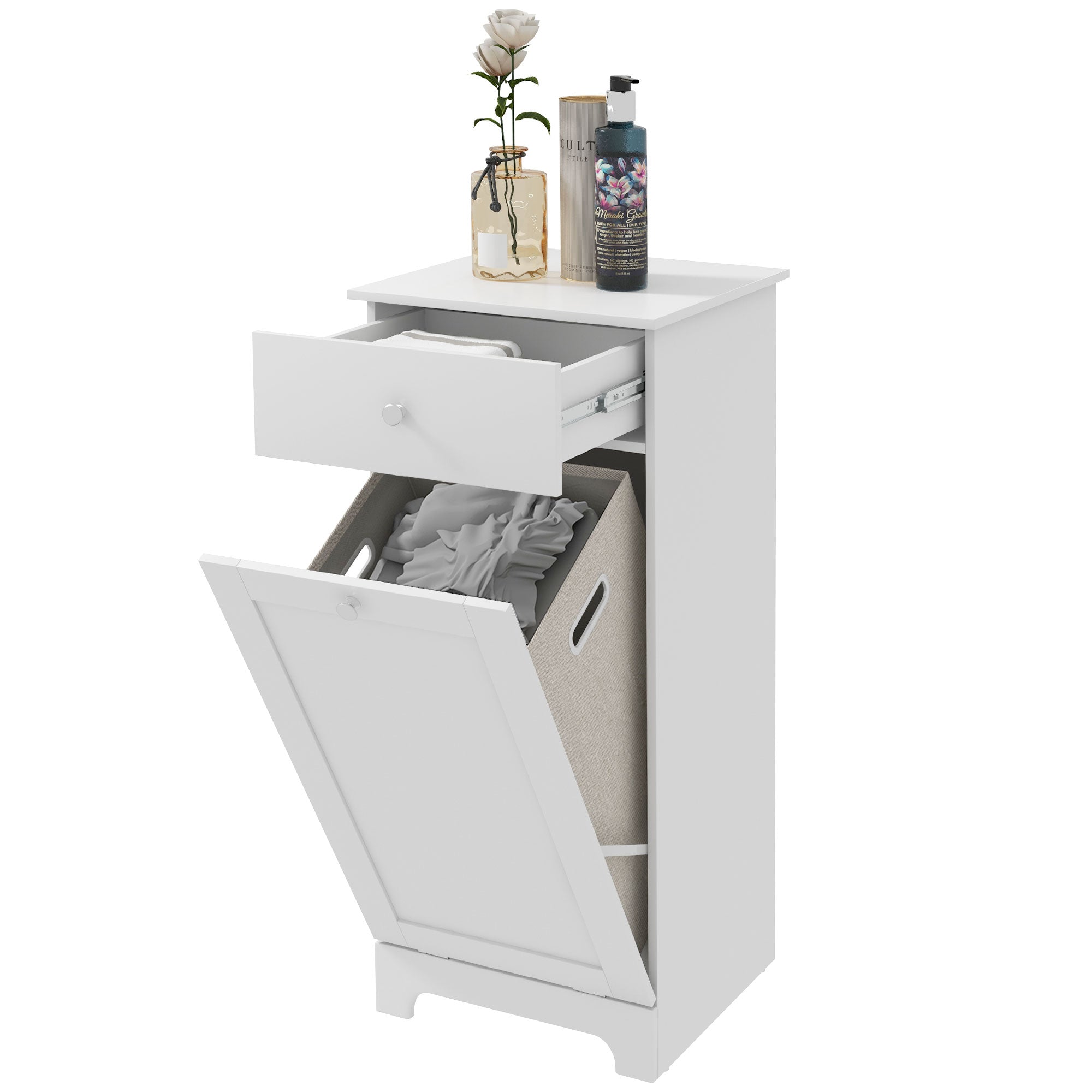 HOMCOM Laundry Cabinet, Bathroom Cabinet with Laundry Basket, Bathroom Storage Unit with Foldable Laundry Hamper and Drawer for Washroom, White