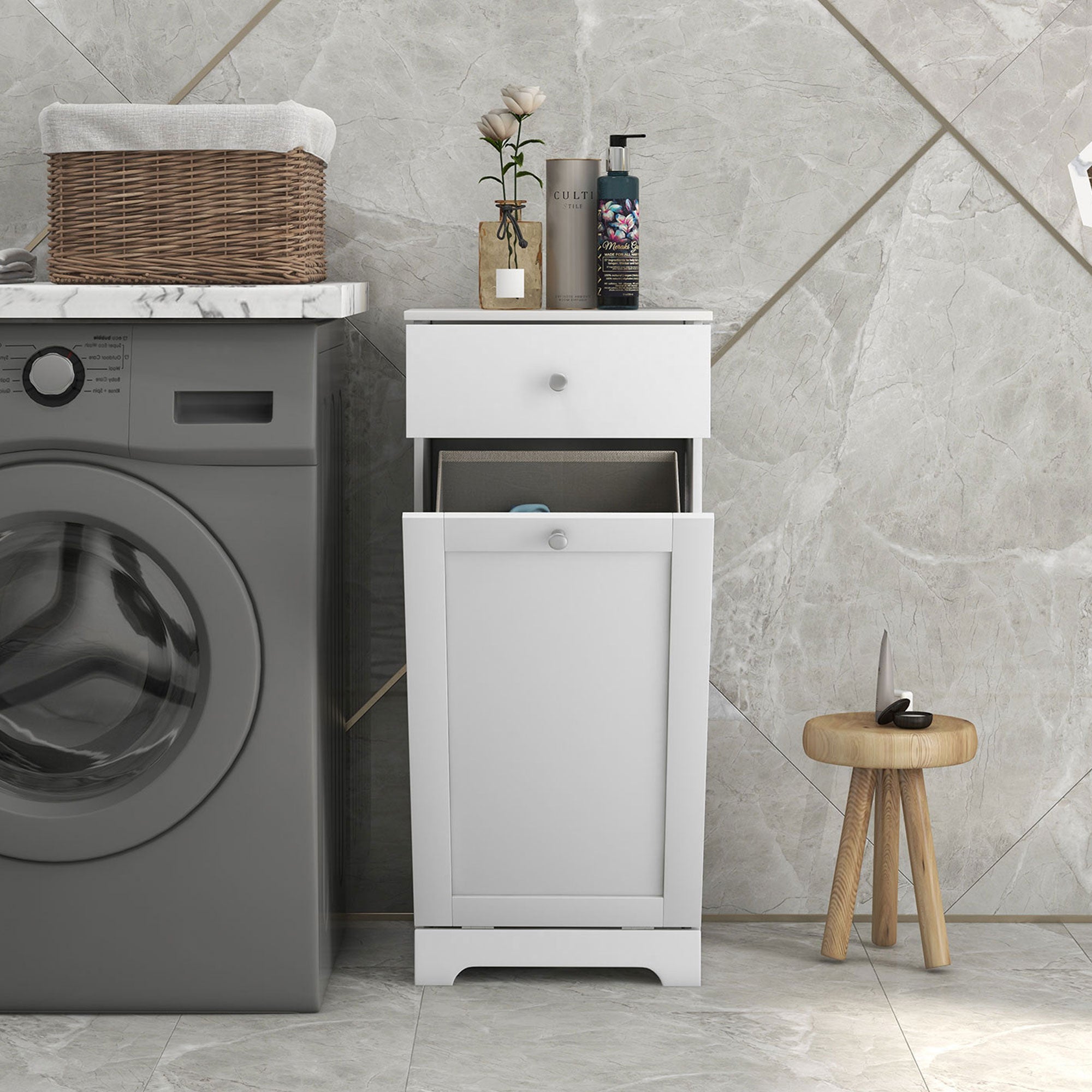 HOMCOM Laundry Cabinet, Bathroom Cabinet with Laundry Basket, Bathroom Storage Unit with Foldable Laundry Hamper and Drawer for Washroom, White