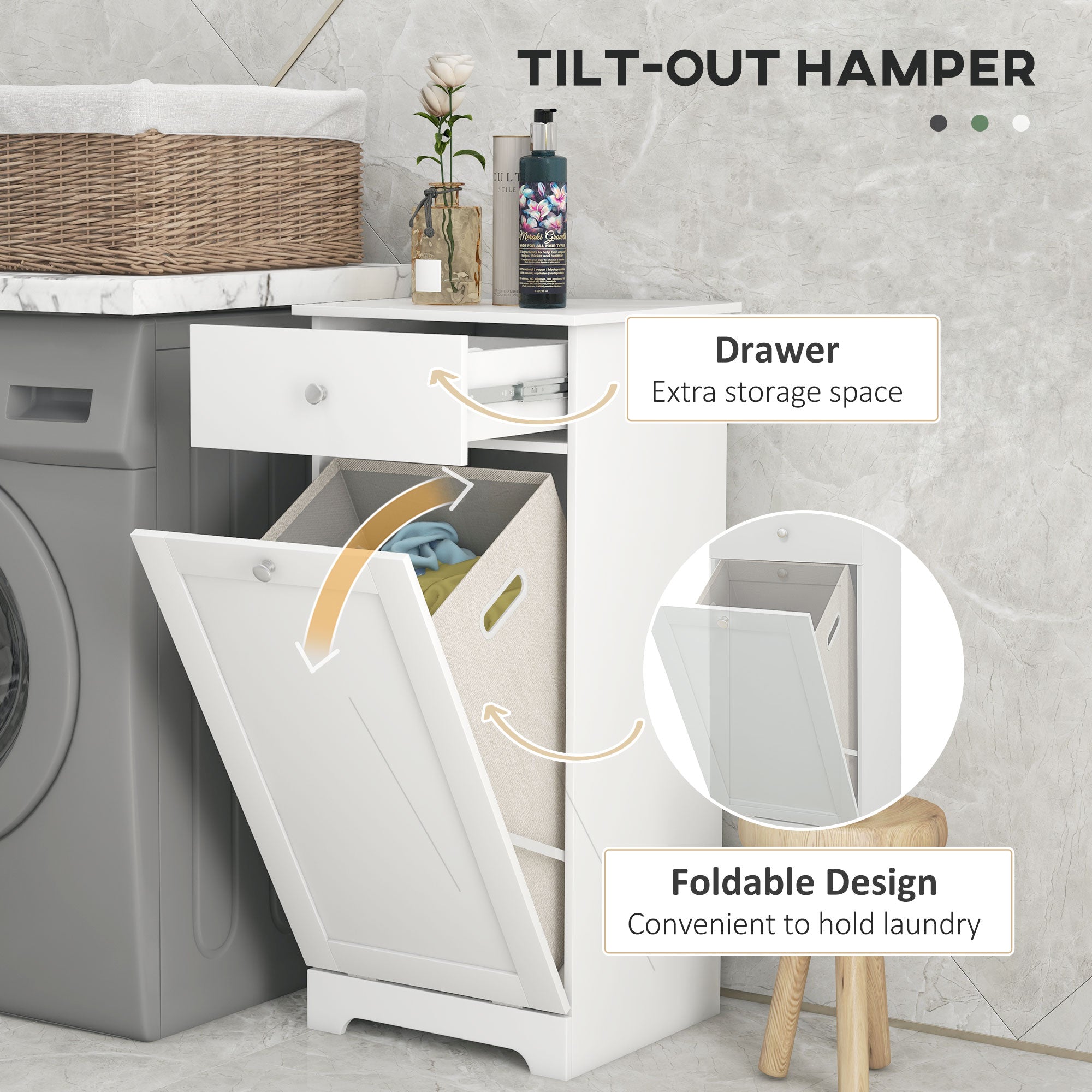 HOMCOM Laundry Cabinet, Bathroom Cabinet with Laundry Basket, Bathroom Storage Unit with Foldable Laundry Hamper and Drawer for Washroom, White