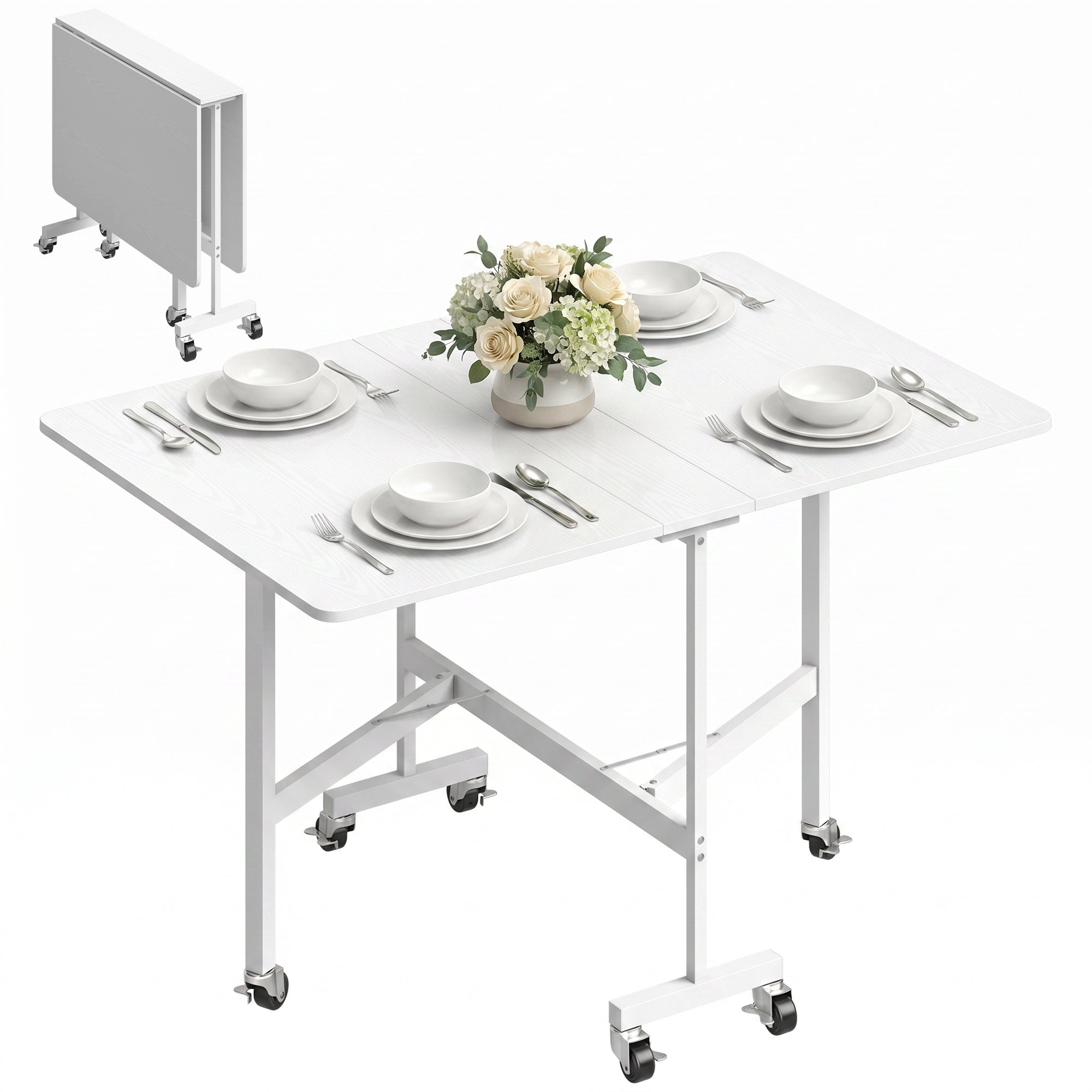Mobile Drop Leaf Table, Folding Dining Table with 6 Wheels & Brakes, Rolling Kitchen Table for Small Spaces, 47.2", White