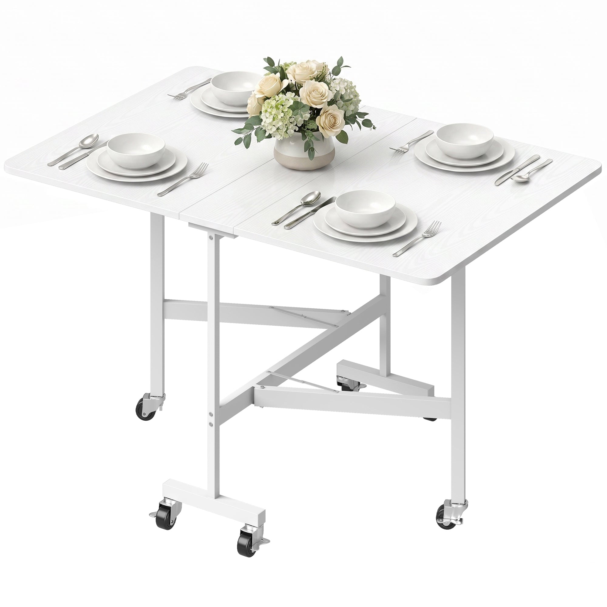Mobile Drop Leaf Table, Folding Dining Table with 6 Wheels & Brakes, Rolling Kitchen Table for Small Spaces, 47.2", White