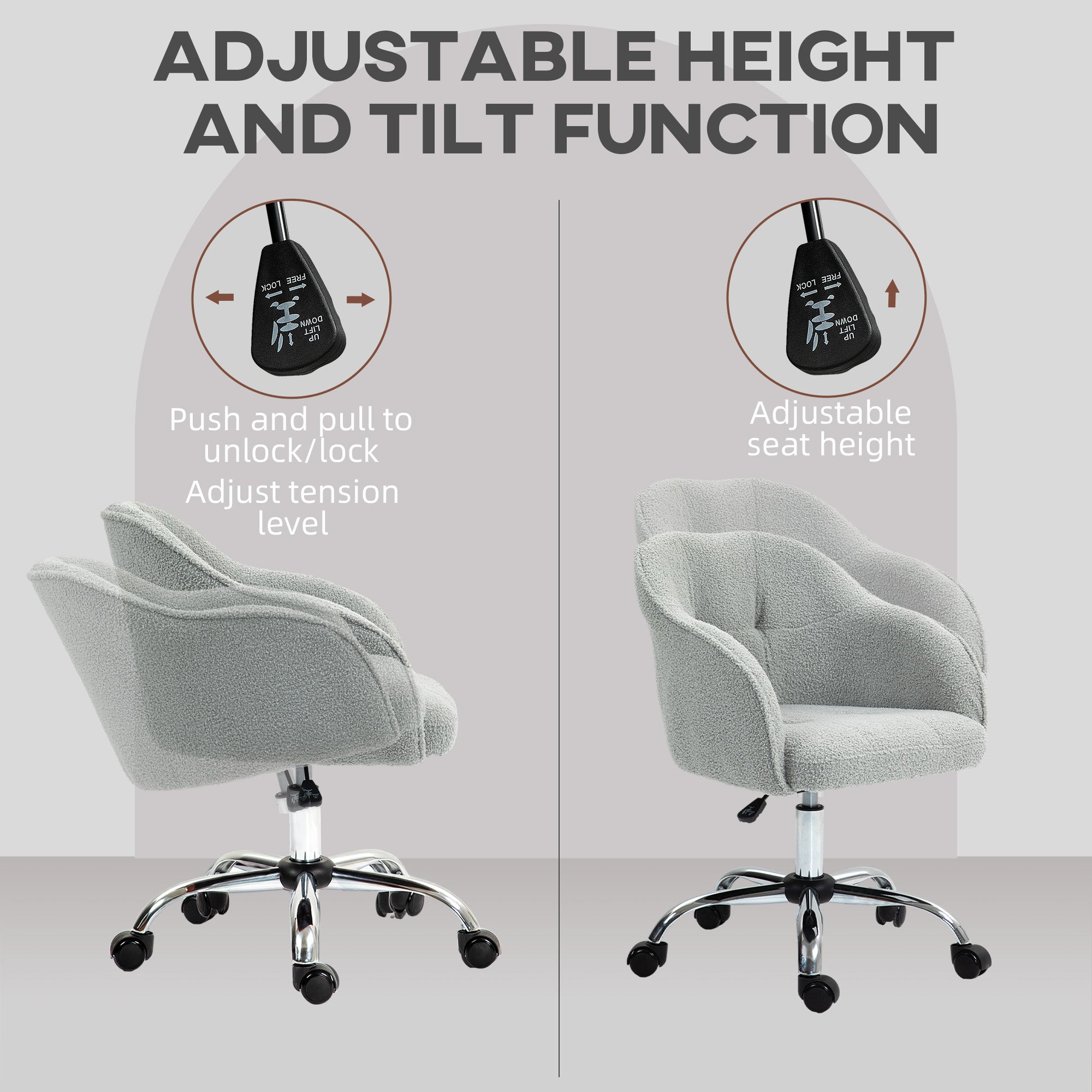 HOMCOM Computer Desk Chair, Fluffy Fabric Swivel Office Chair, Makeup Vanity Chair with Height Adjustable, Wheels, for Home Study Bedroom, Grey