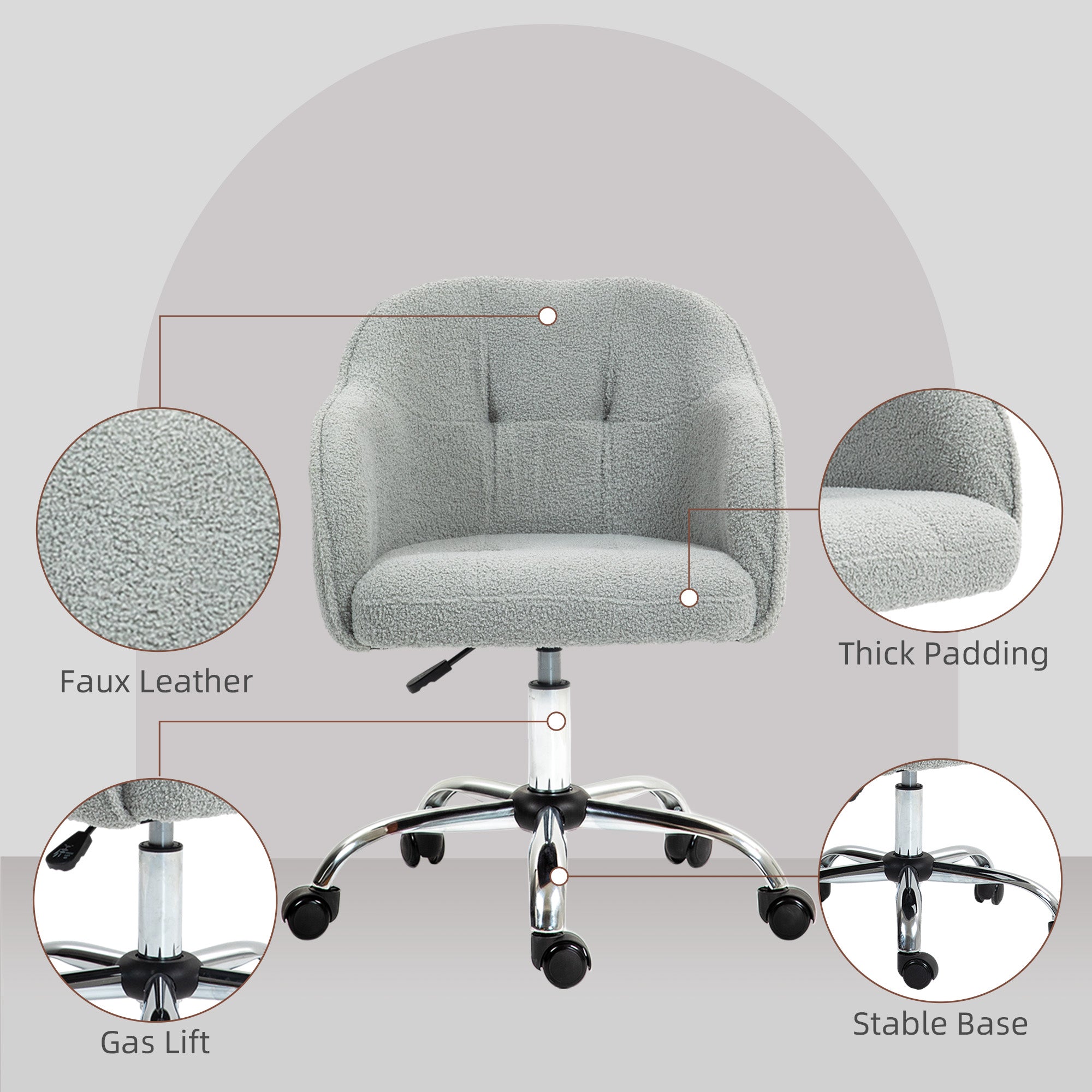 HOMCOM Computer Desk Chair, Fluffy Fabric Swivel Office Chair, Makeup Vanity Chair with Height Adjustable, Wheels, for Home Study Bedroom, Grey
