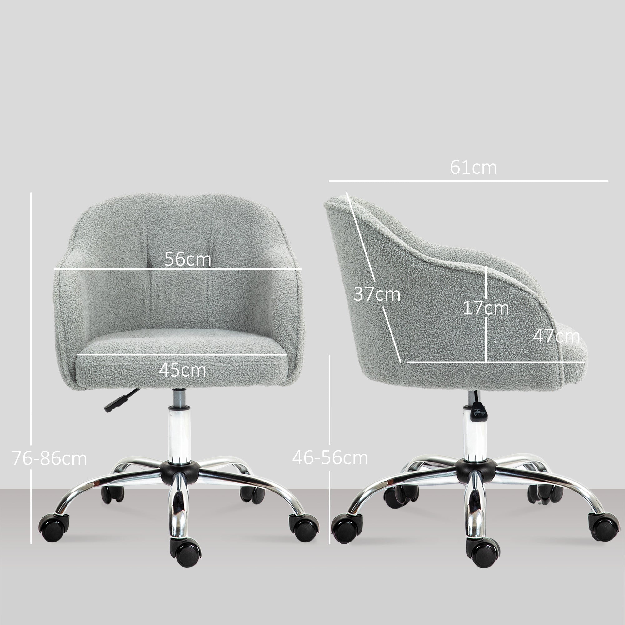 HOMCOM Computer Desk Chair, Fluffy Fabric Swivel Office Chair, Makeup Vanity Chair with Height Adjustable, Wheels, for Home Study Bedroom, Grey