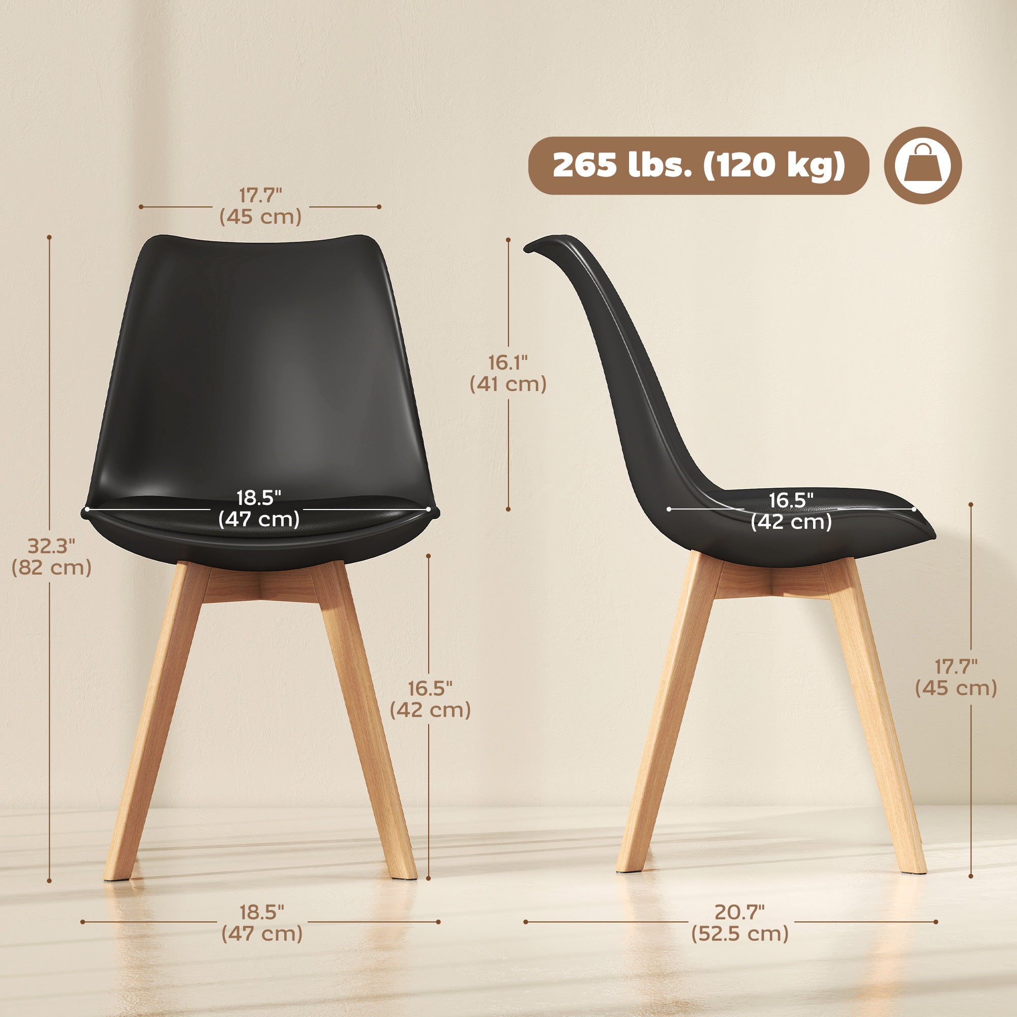 Dining Chairs Set of 6, Modern Kitchen Chairs with PU Leather Cushion and Wood Base, Upholstered Accent Chairs for Living Room and Dining Room, Black