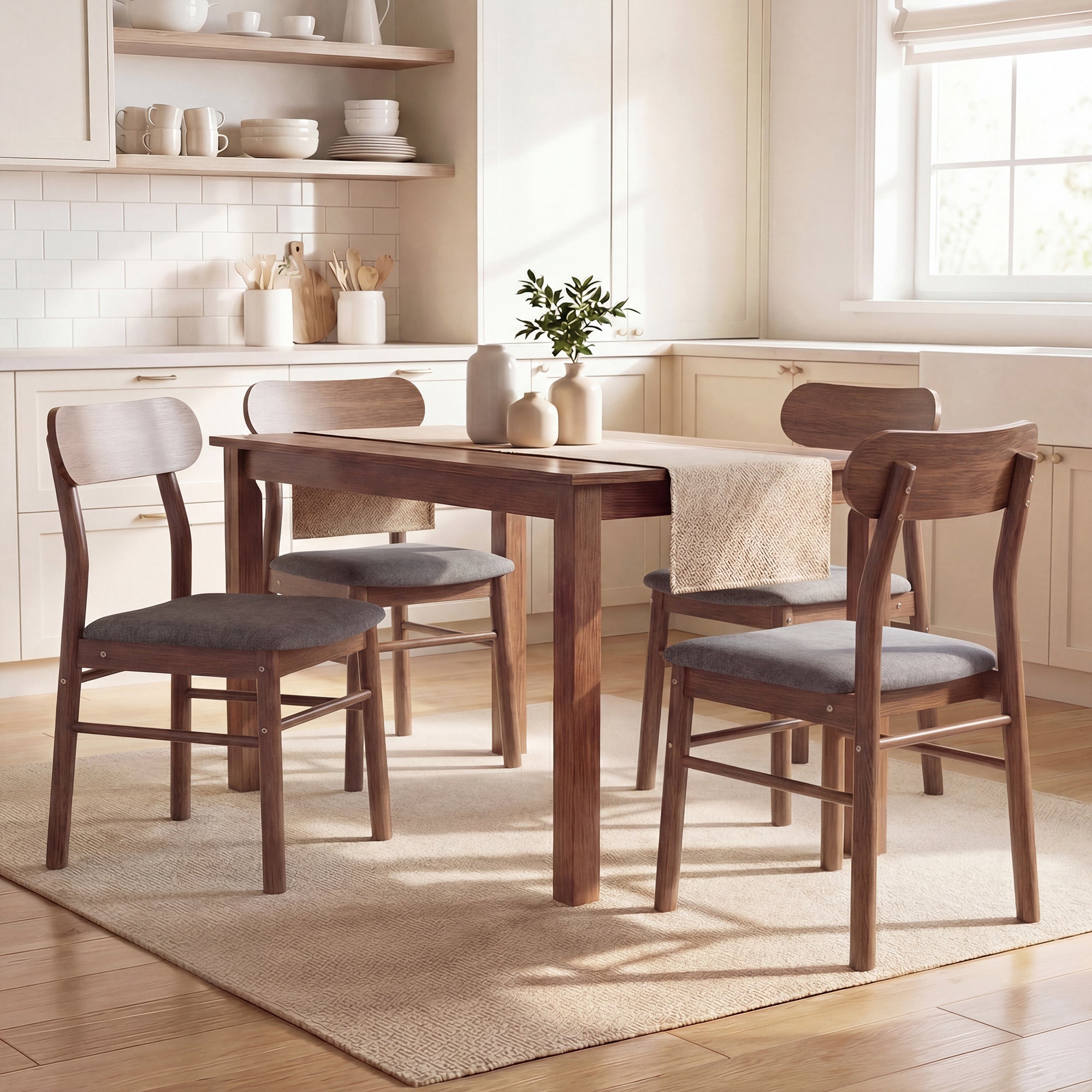 Mid-Century Modern Wooden Dining Chairs Set of 4, Upholstered Kitchen Chairs with Rubberwood Legs, Curved Backrest and Padded Seat for Dining Room, Gray