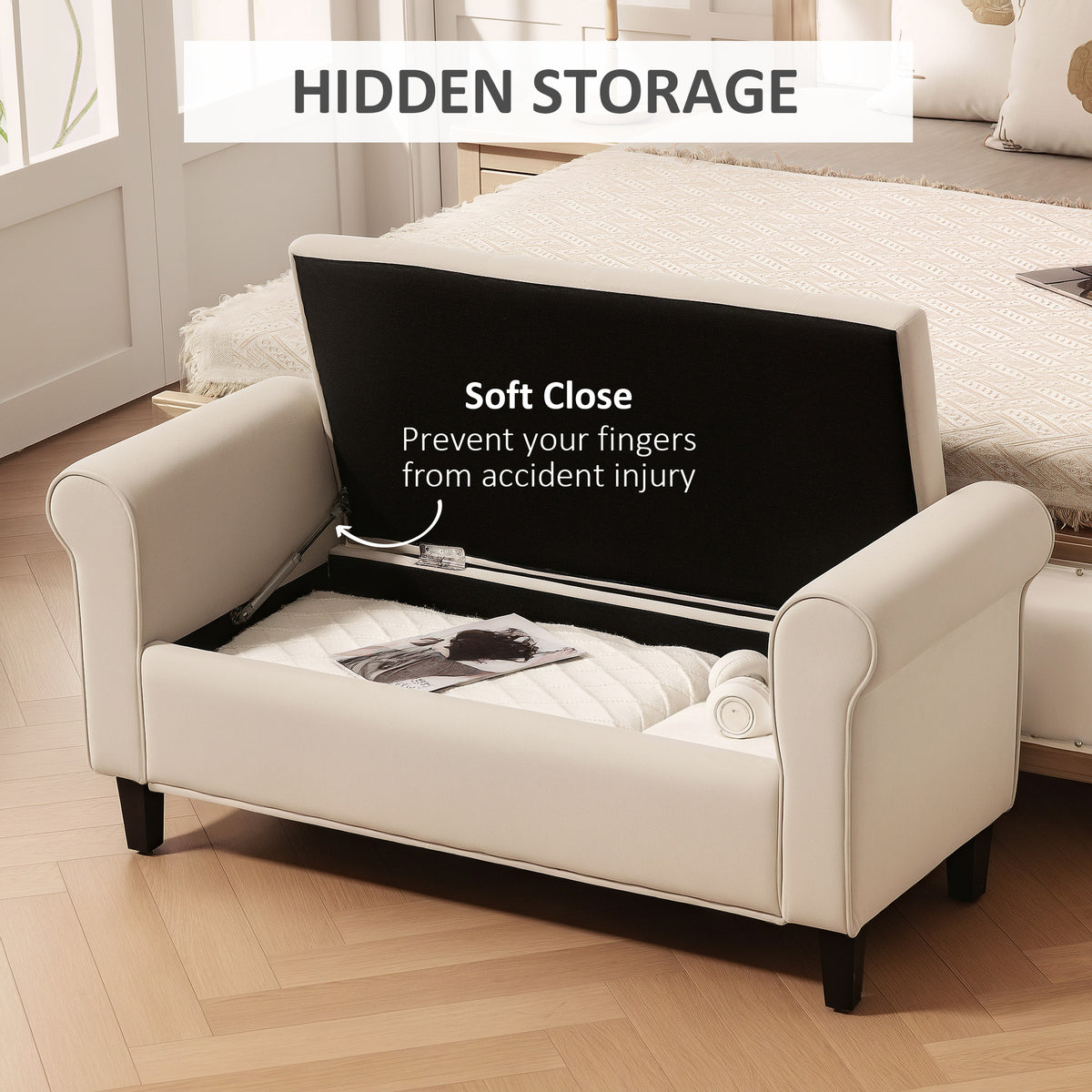 50" Storage Ottoman, Upholstered Bedroom Bench with Rolled Arms, Wood Legs, Button Tufted Storage Bench Seat with Safety Hinges for Entryway, Bedroom, Beige