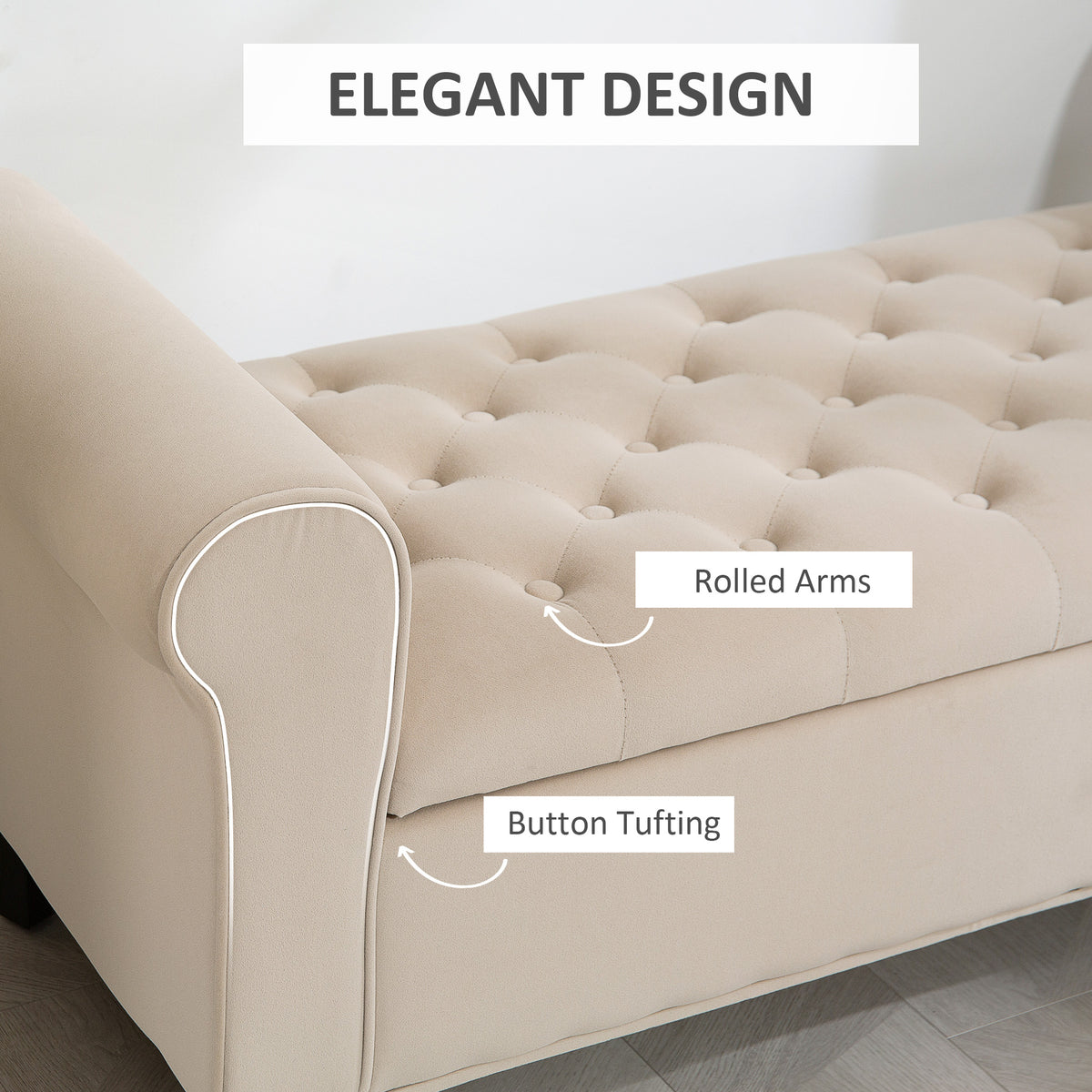 50" Storage Ottoman, Upholstered Bedroom Bench with Rolled Arms, Wood Legs, Button Tufted Storage Bench Seat with Safety Hinges for Entryway, Bedroom, Beige