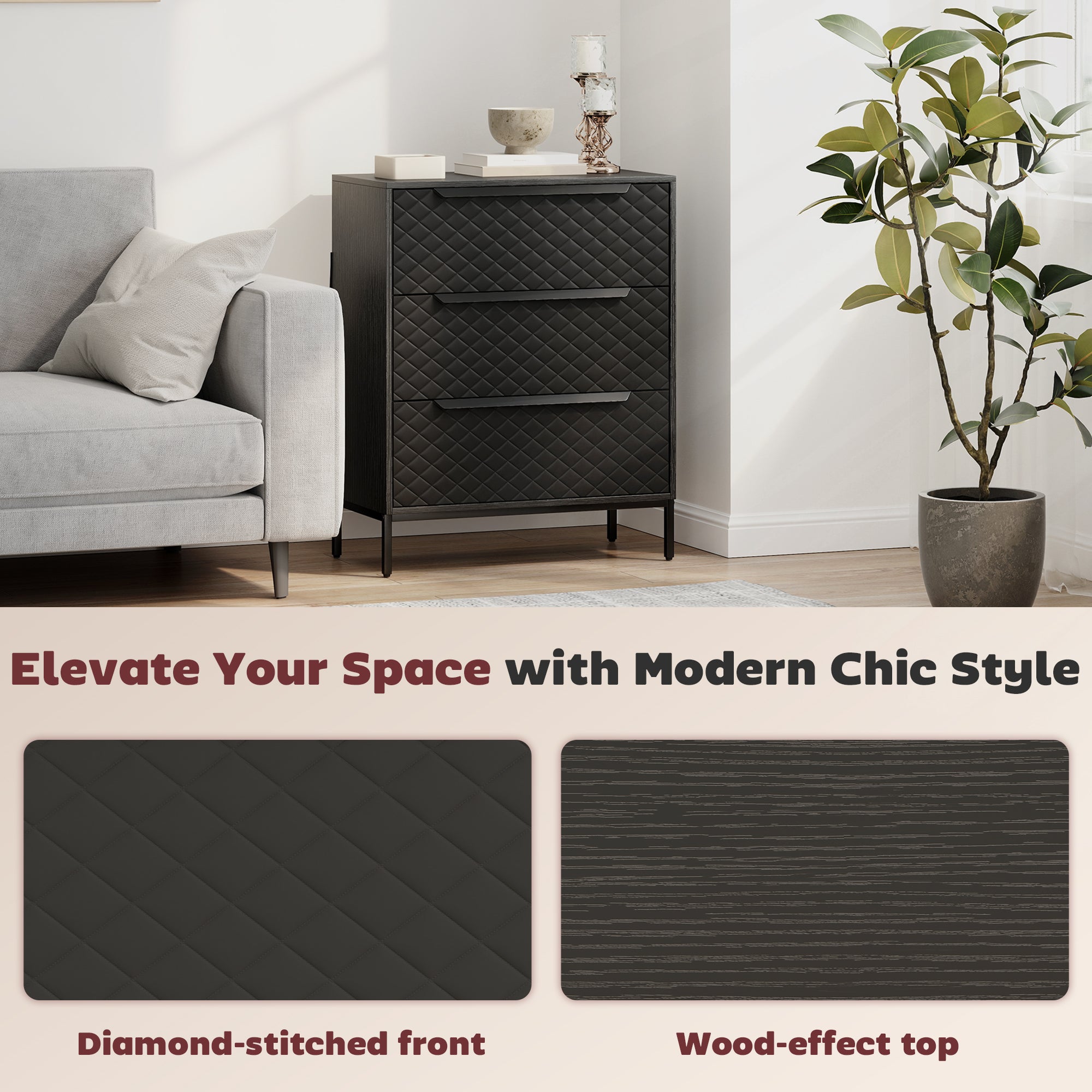 Chest of Drawers, Dresser with 3 Fabric Drawers, Bedroom Storage Unit with Aluminium Handles and Wood-effect Top for Living Room, Hallway, Entryway, Black