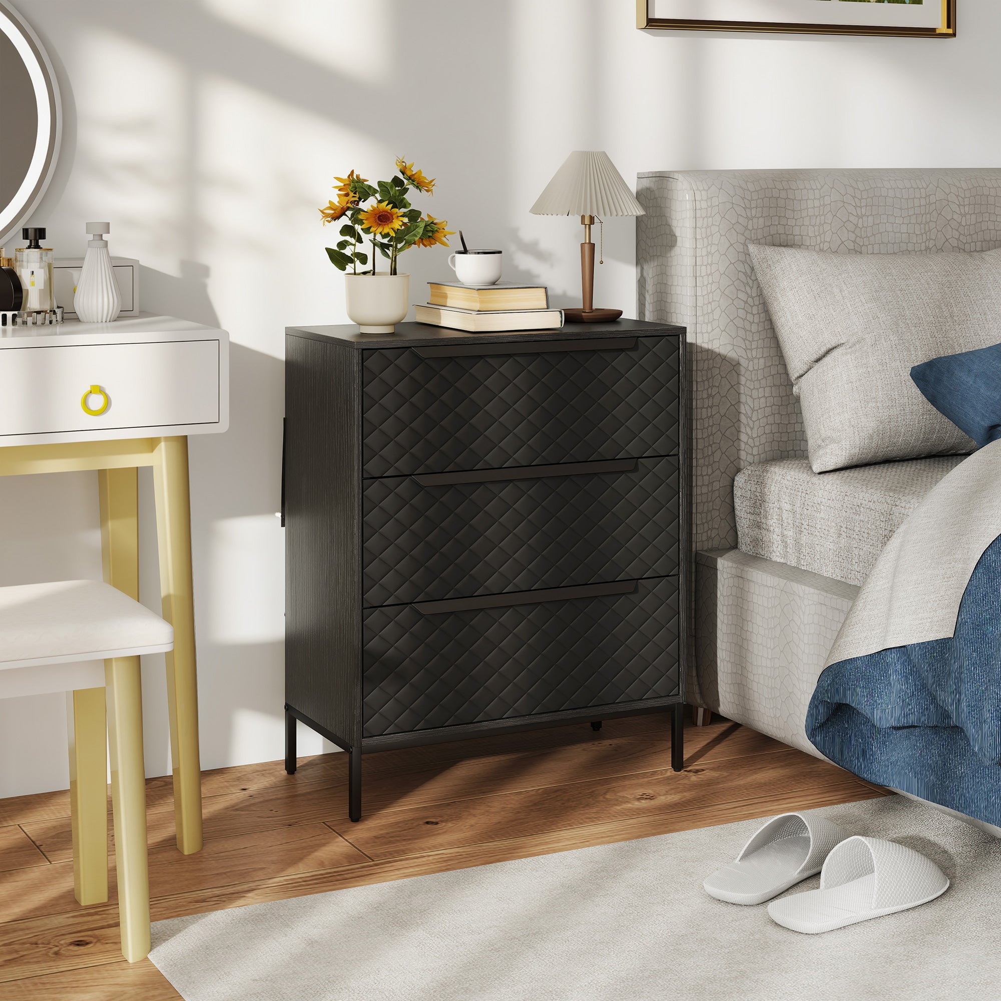 Chest of Drawers, Dresser with 3 Fabric Drawers, Bedroom Storage Unit with Aluminium Handles and Wood-effect Top for Living Room, Hallway, Entryway, Black