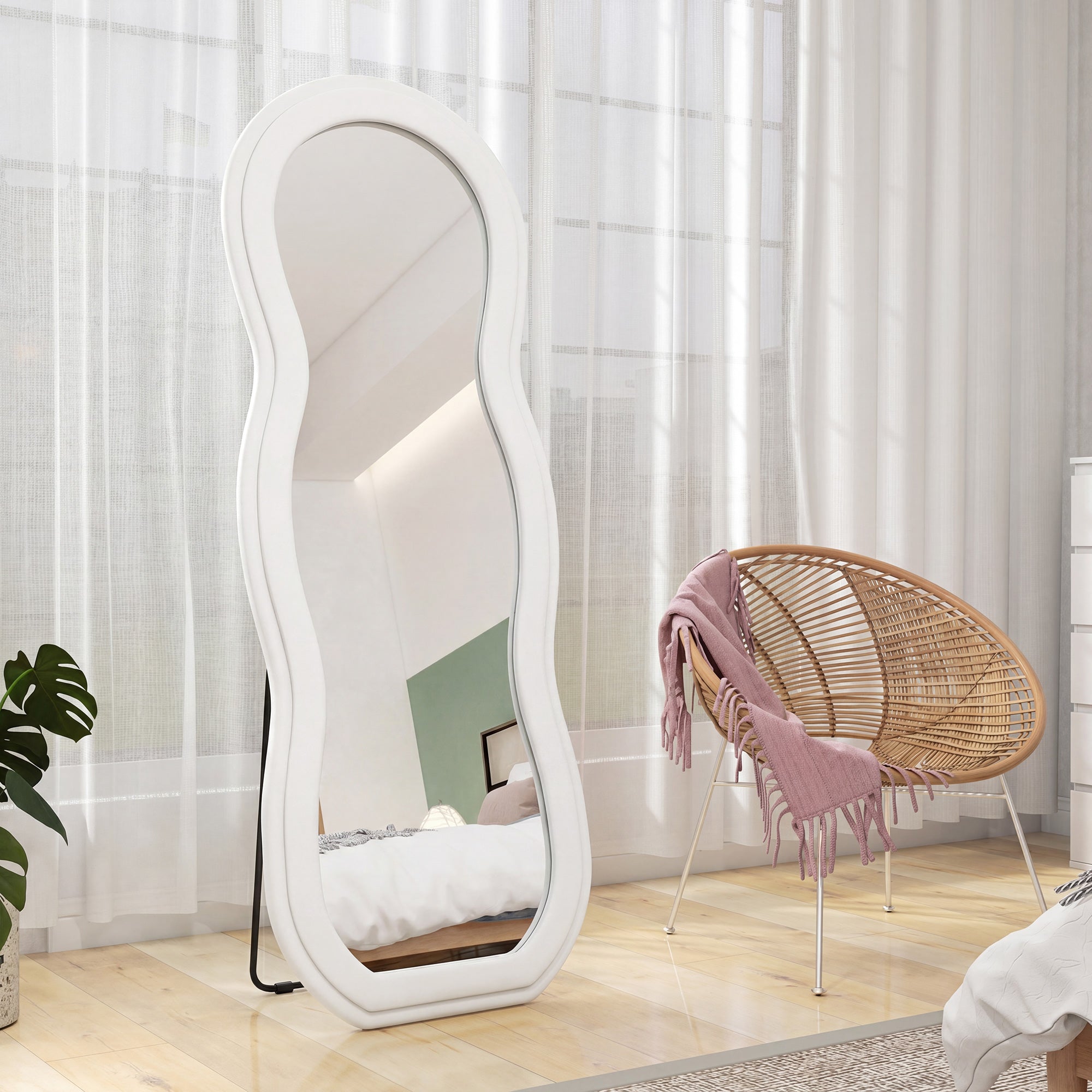 64" x 24" Full Length Mirror, Standing Floor Mirror Hanging or Wall Mount, with Arched Wavy Velvet Frame for Bedroom, Living Room, White