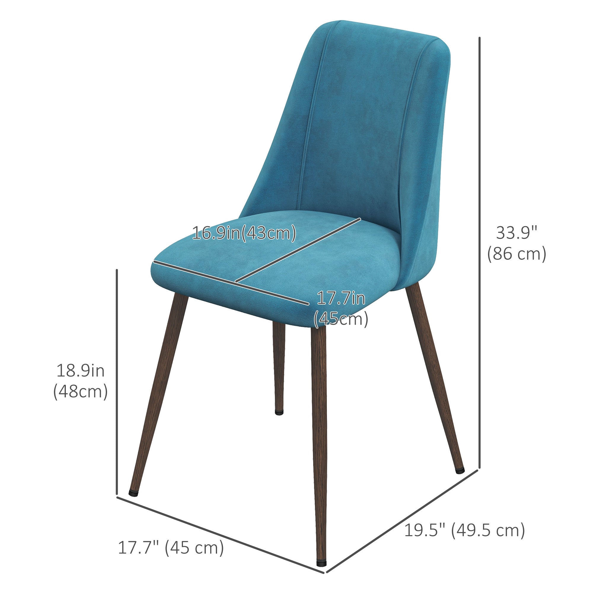 HOMCOM Dining Chairs Set of 4, Modern Kitchen Chairs with Velvet-touch Upholstery, Curved Back and Wood-grain Steel Legs, Accent Chairs for Living Room, Bedroom, Blue