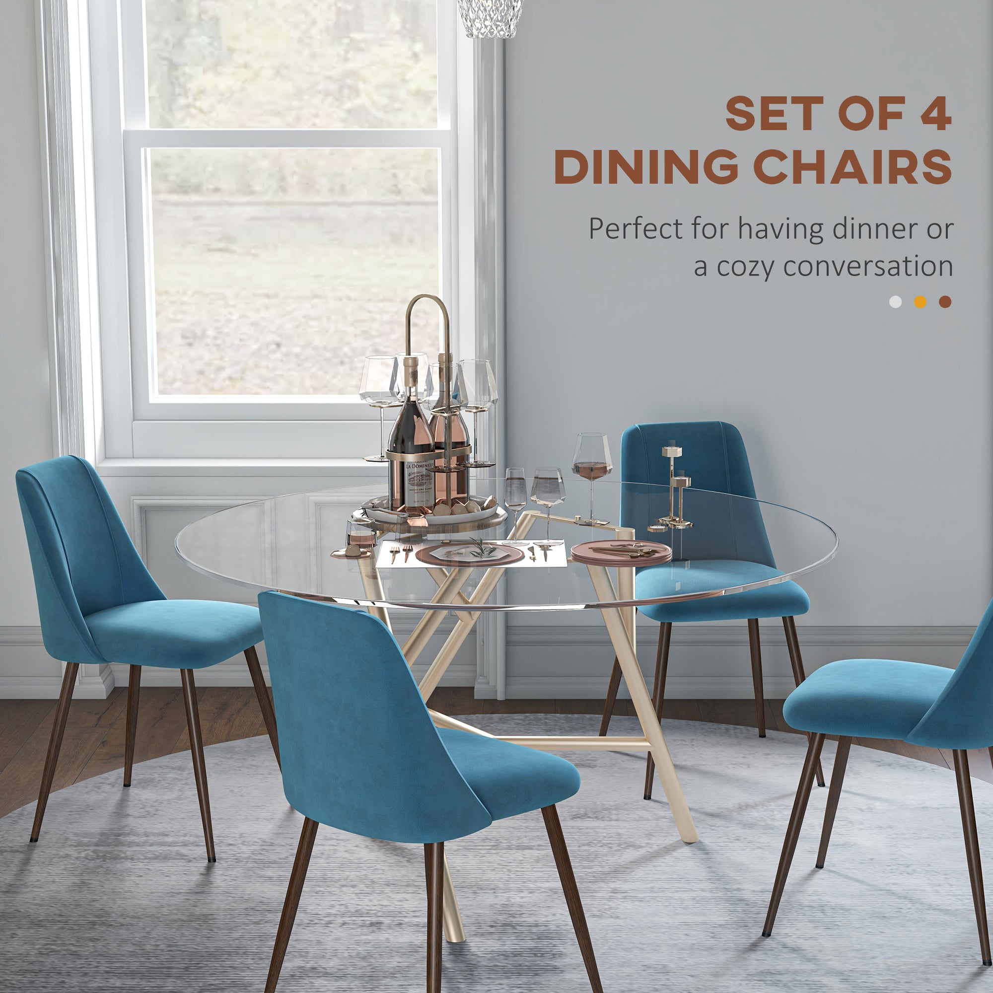 HOMCOM Dining Chairs Set of 4, Modern Kitchen Chairs with Velvet-touch Upholstery, Curved Back and Wood-grain Steel Legs, Accent Chairs for Living Room, Bedroom, Blue