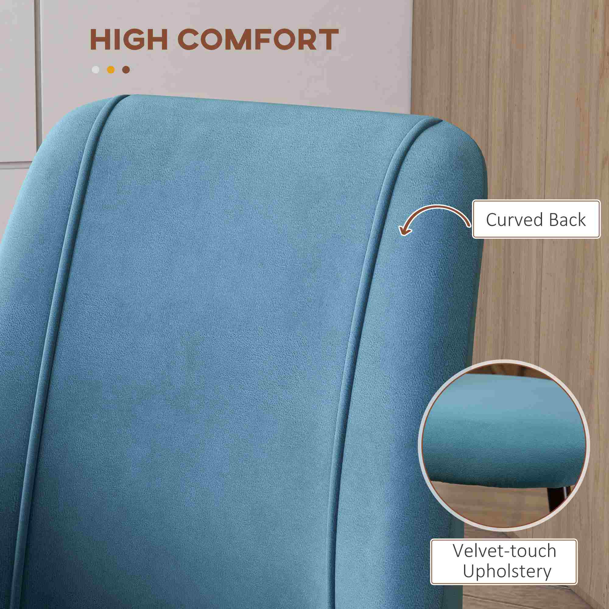 HOMCOM Dining Chairs Set of 4, Modern Kitchen Chairs with Velvet-touch Upholstery, Curved Back and Wood-grain Steel Legs, Accent Chairs for Living Room, Bedroom, Blue