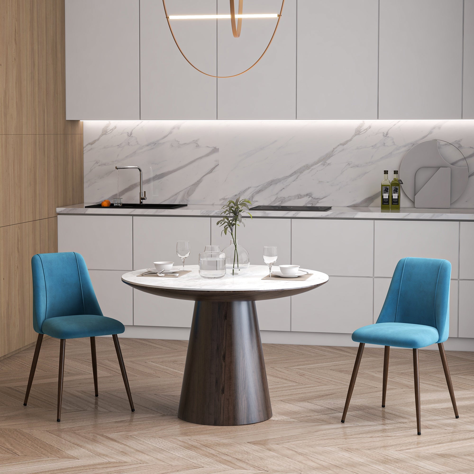 HOMCOM Dining Chairs Set of 4, Modern Kitchen Chairs with Velvet-touch Upholstery, Curved Back and Wood-grain Steel Legs, Accent Chairs for Living Room, Bedroom, Blue