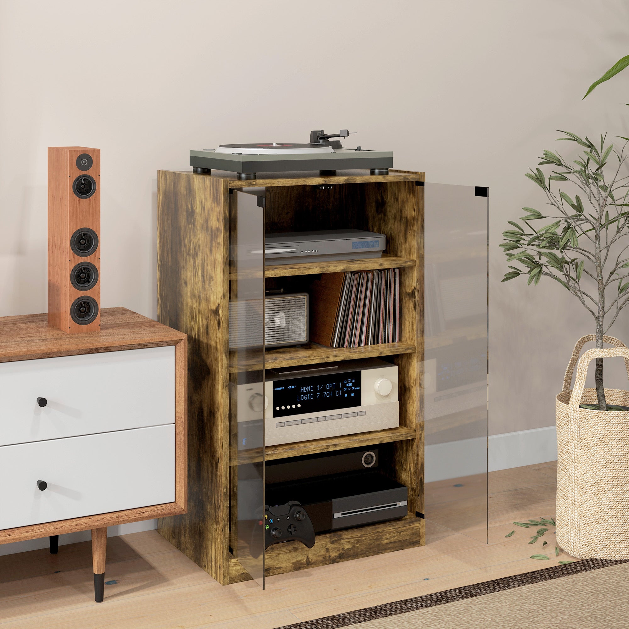 Record Player Stand with Storage, 4-Tier Hi-Fi Stand, Media Cabinet with Adjustable Shelves, Push-to-Open Glass Doors and Cable Management for Music Room and Living Room, Rustic Brown