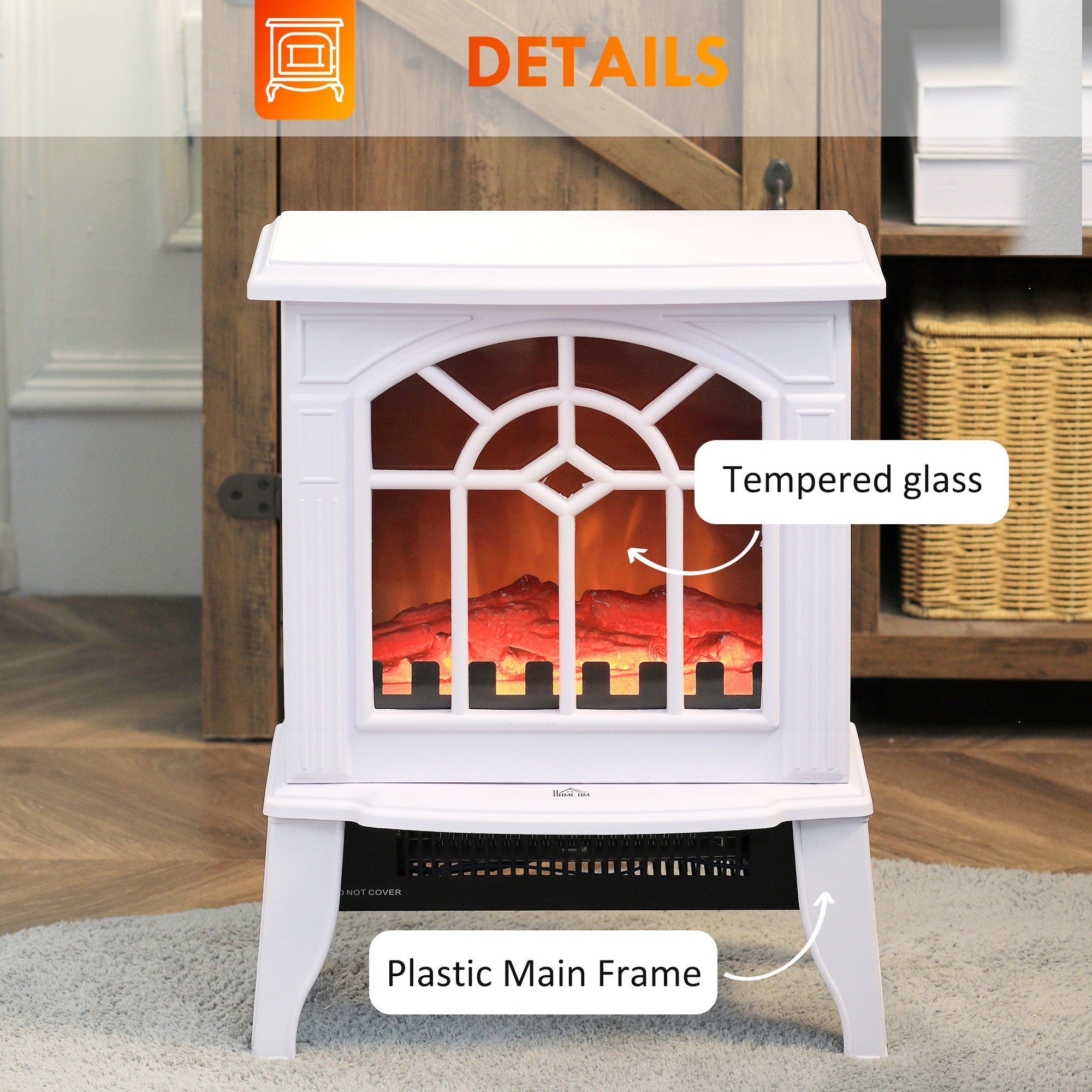 18" Electric Fireplace Heater with Flame Effect & Overheat Protection, 750W/1500W, White