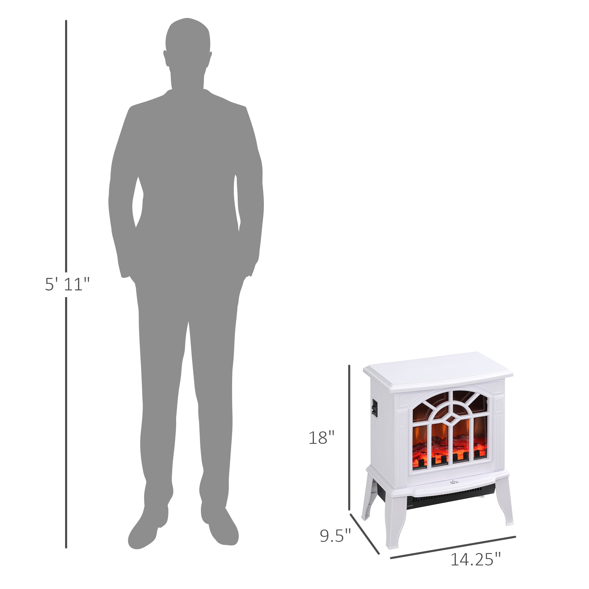 18" Electric Fireplace Heater with Flame Effect & Overheat Protection, 750W/1500W, White