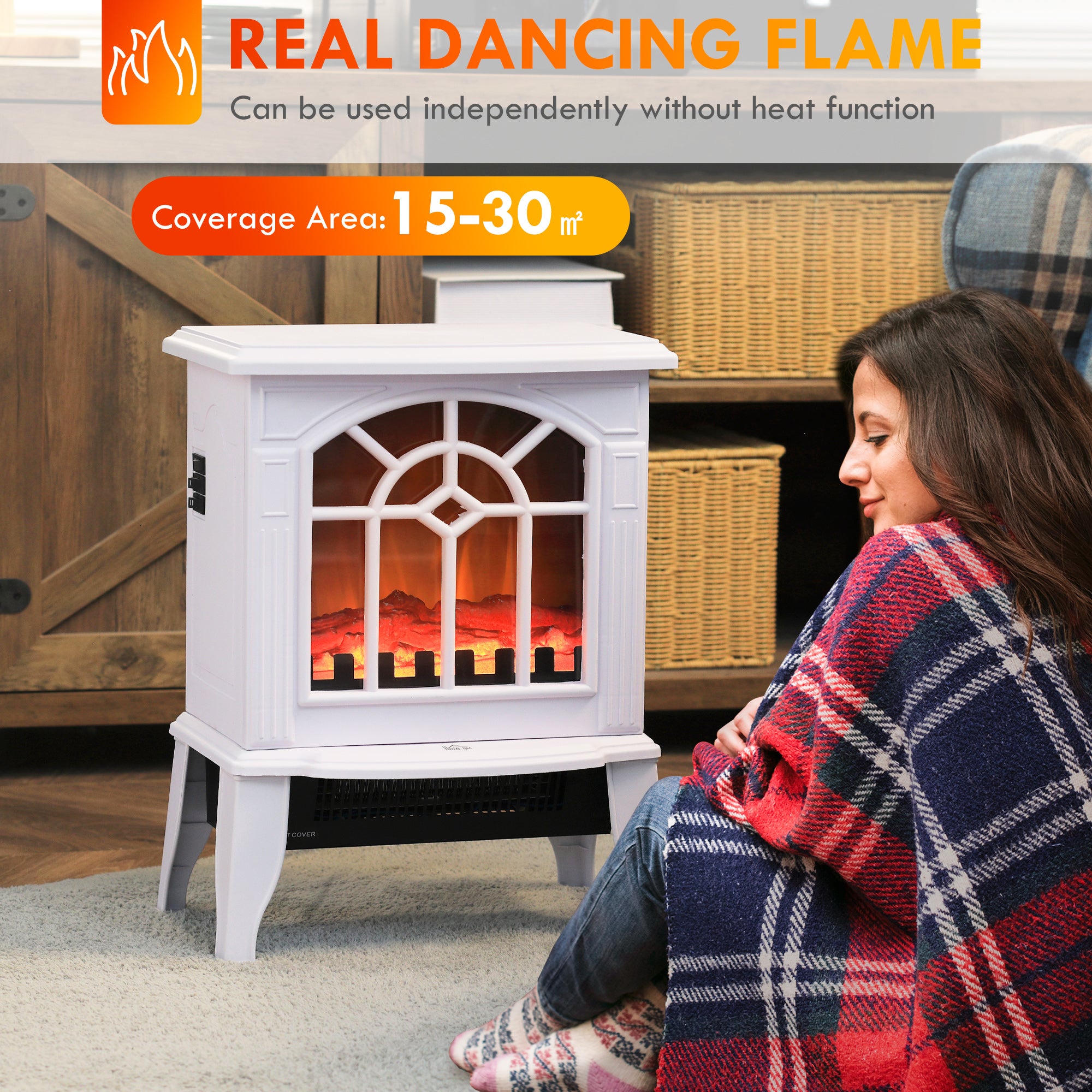 18" Electric Fireplace Heater with Flame Effect & Overheat Protection, 750W/1500W, White
