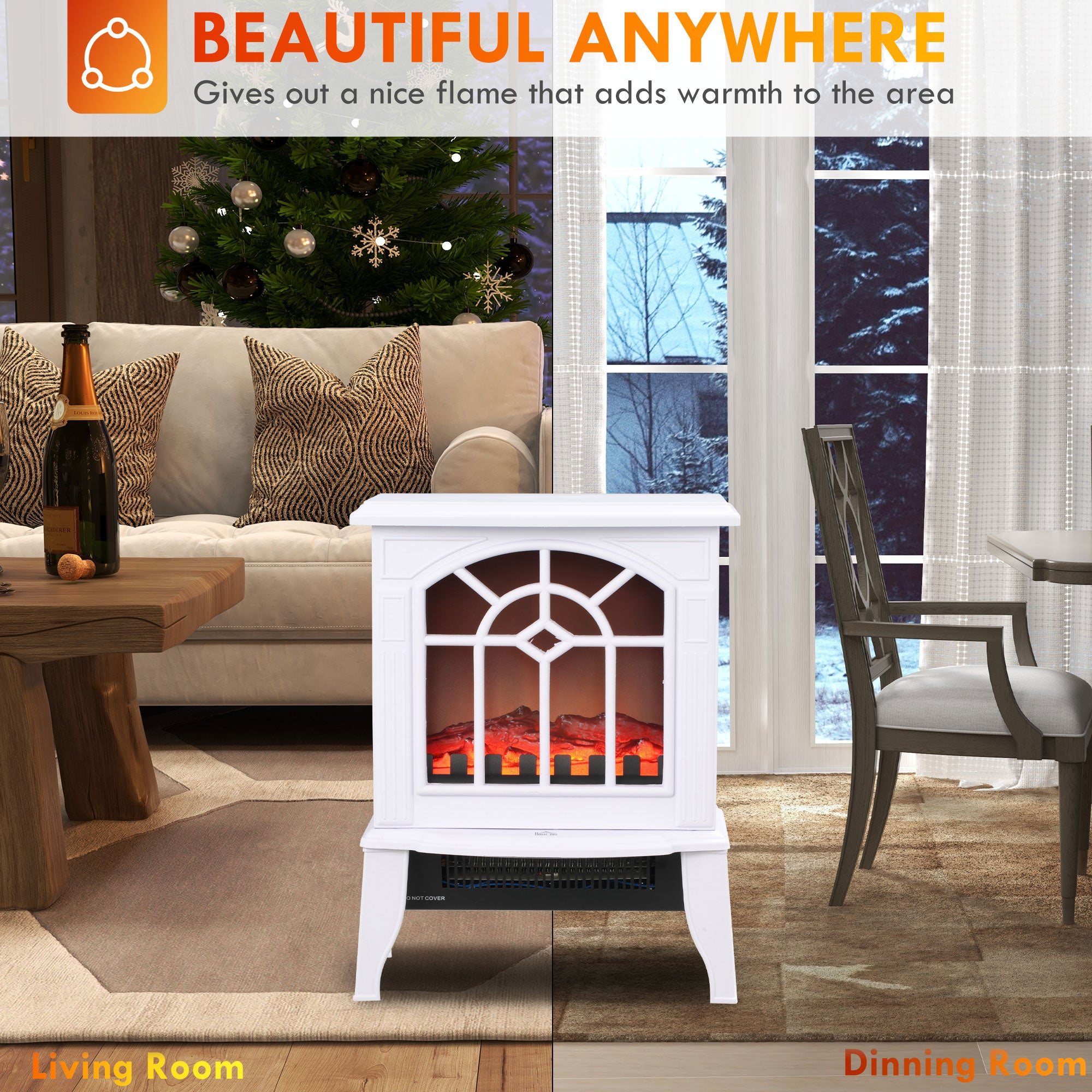 18" Electric Fireplace Heater with Flame Effect & Overheat Protection, 750W/1500W, White