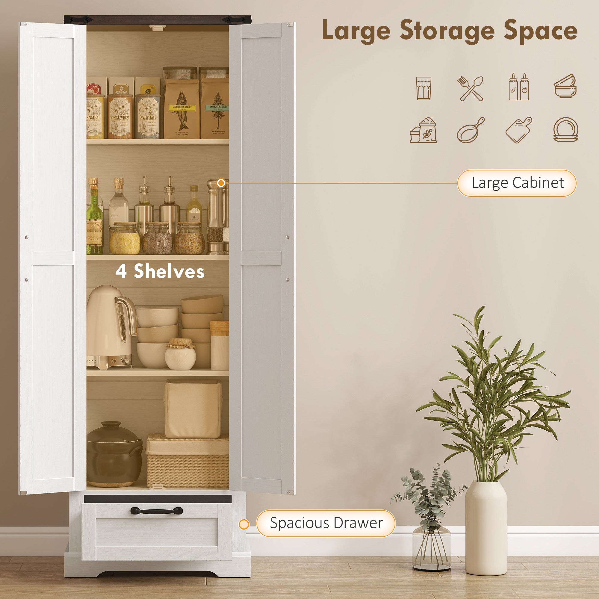 71" Tall Kitchen Pantry, Farmhouse Storage Cabinet with Barn Doors, Drawer and Adjustable Shelves, Freestanding Food Pantry Cabinet for Kitchen, Dining Room, White