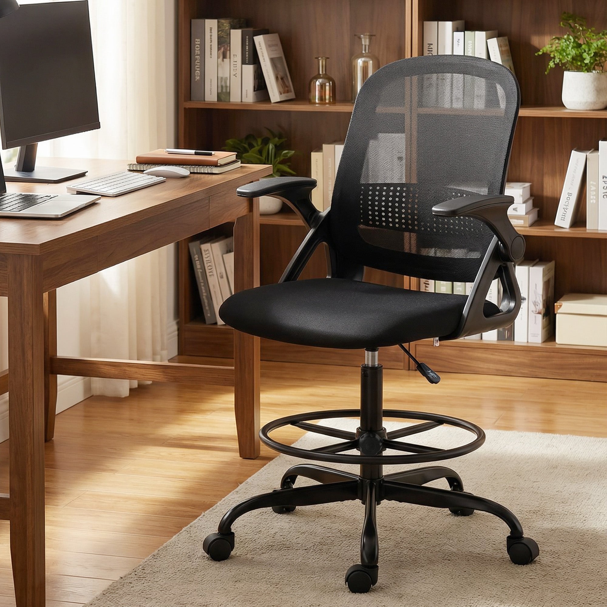 Drafting Chair, Mesh Standing Desk Chair with Flip-up Armrests, Adjustable Height and Footrest, Lumbar Support, Rolling Wheels for Home Office, Black