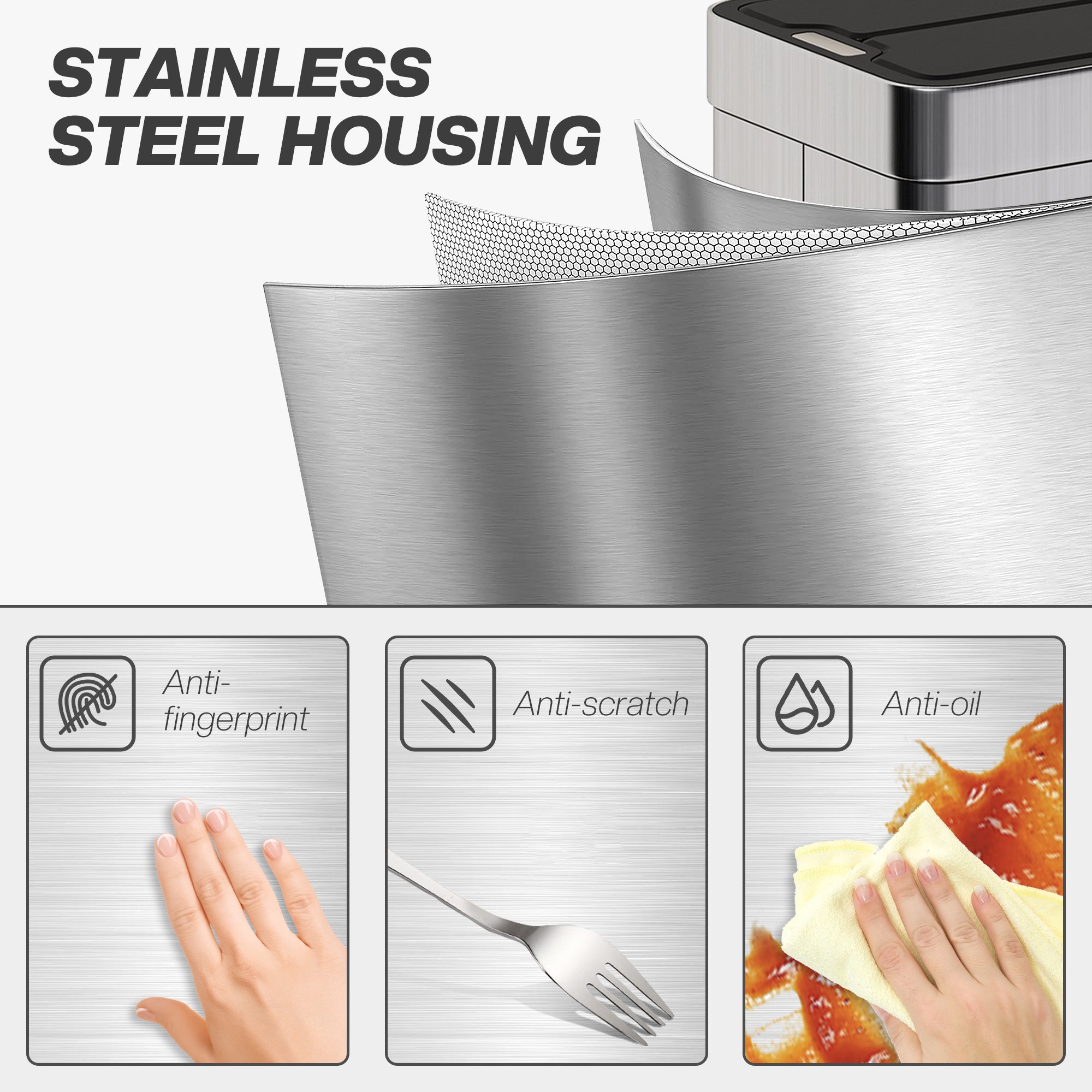 55L Sensor Bin, Large Automatic Touchless Rubbish Bin with Soft-Close Lid, Fingerprint-Proof Stainless Steel, Rectangular Trash Can for Kitchen, Gym, Home Office, Silver Tone