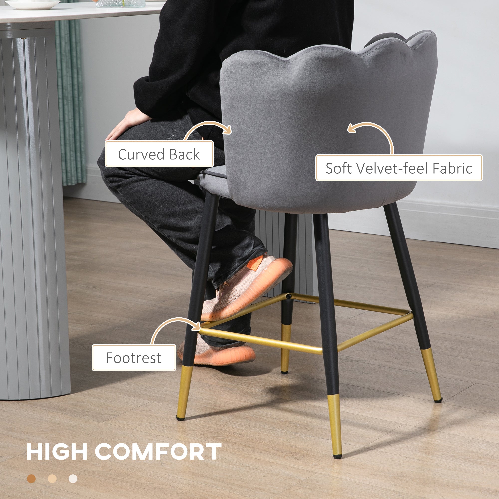 HOMCOM Modern Bar Stools Set of 2, Upholstered Counter Height Barstools, Bar Chairs for Kitchen with Back, Footrest, Steel Base, Charcoal Grey