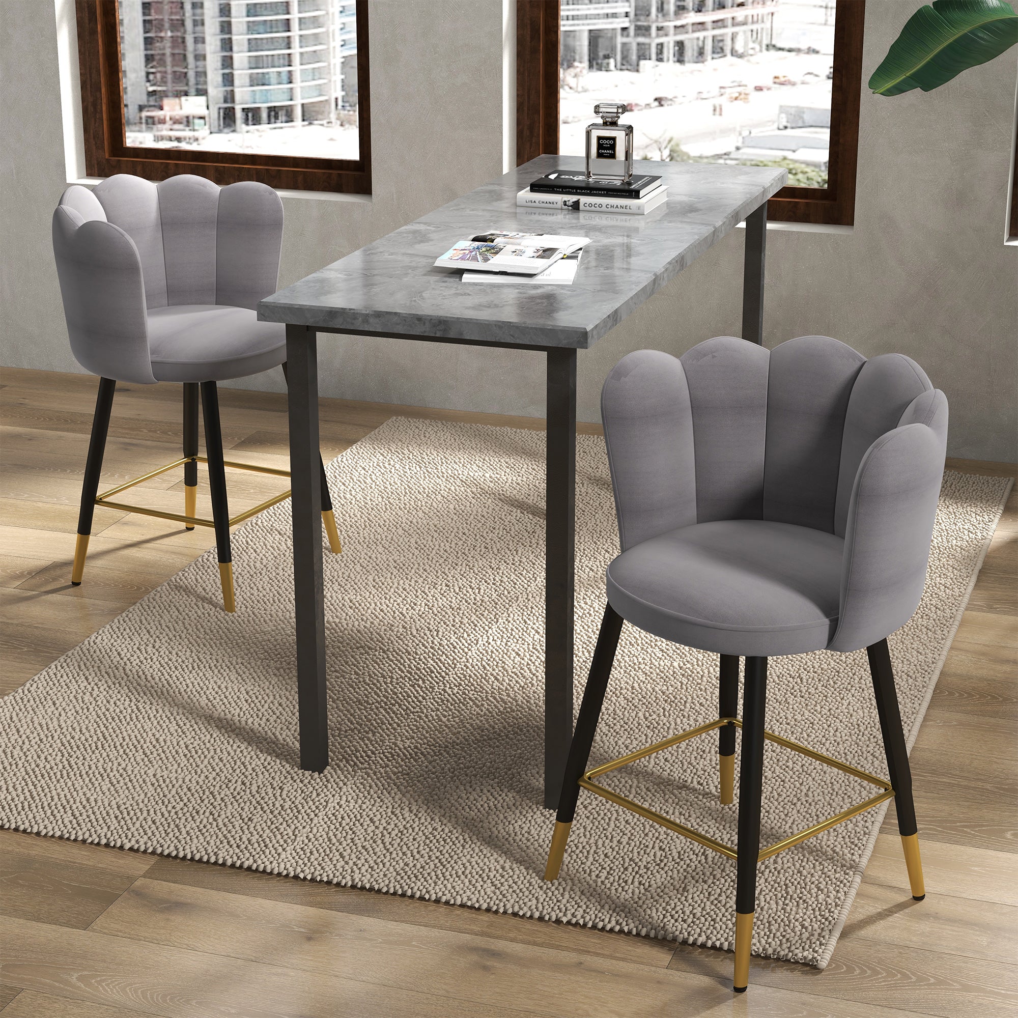 HOMCOM Modern Bar Stools Set of 2, Upholstered Counter Height Barstools, Bar Chairs for Kitchen with Back, Footrest, Steel Base, Charcoal Grey