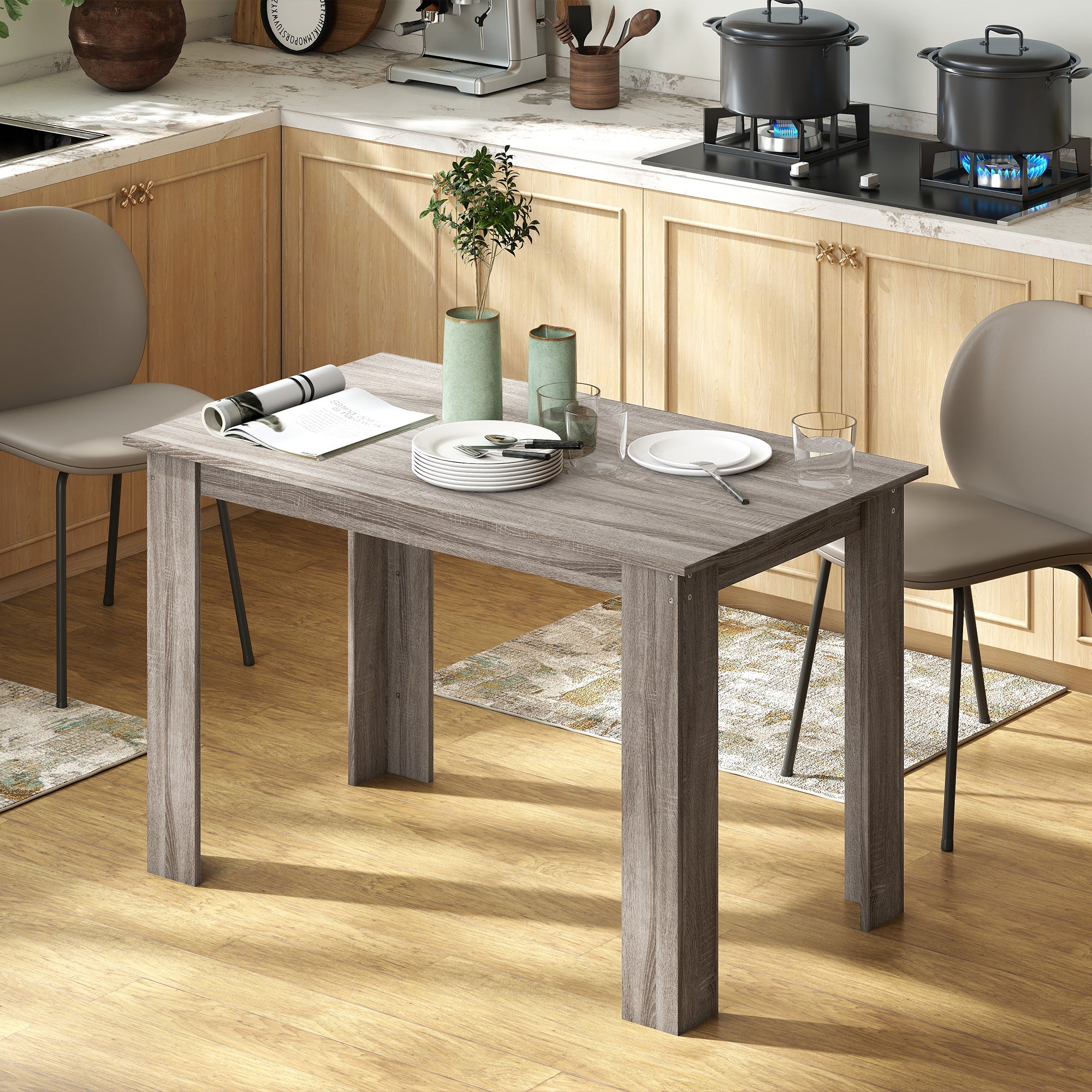 47" Dining Table for 4-6 People, Mid-Century Modern Rectangular Kitchen Table with Wood Effect for Dining Room, Living Room, Light Gray