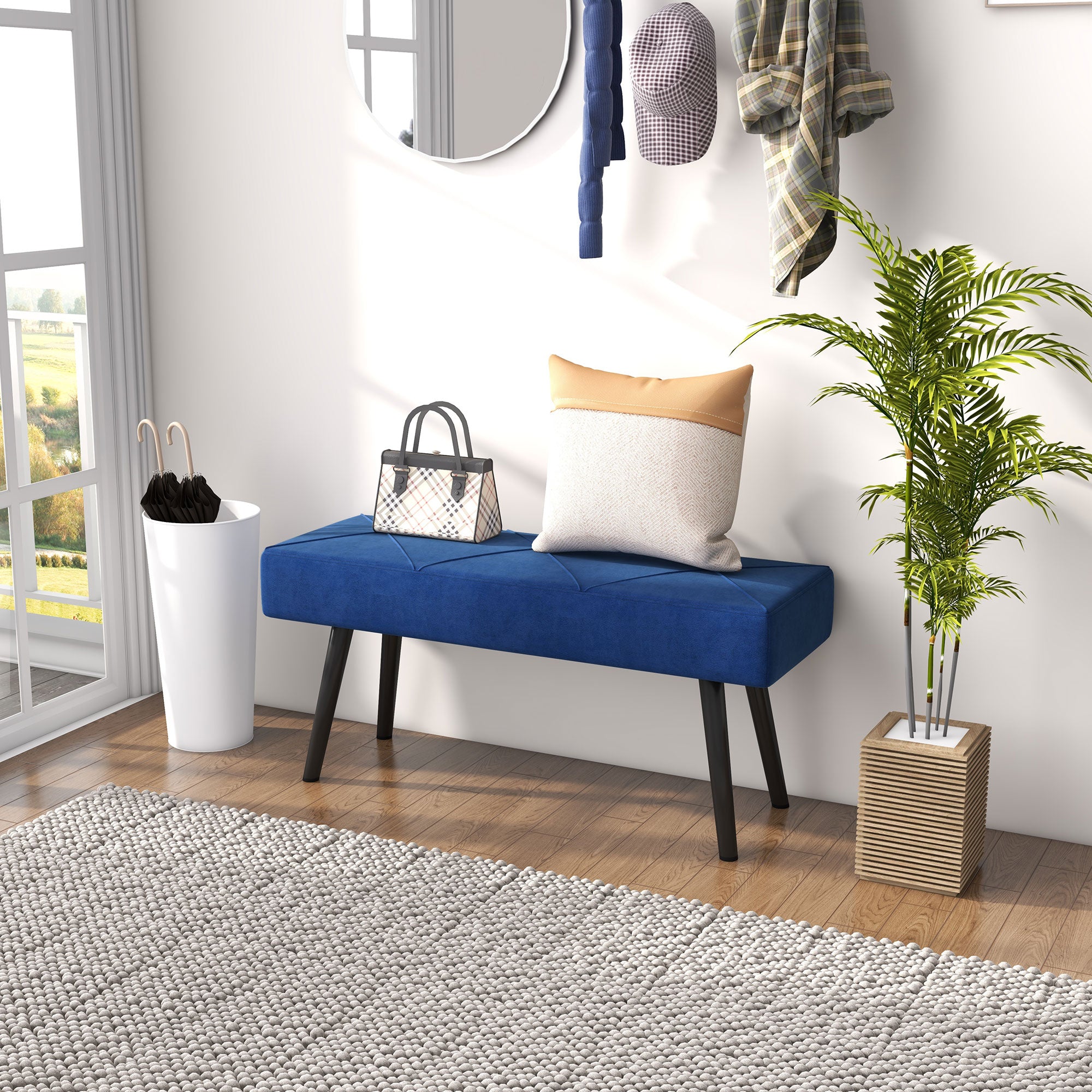 HOMCOM End of Bed Bench with X-Shape Design and Steel Legs, Upholstered Hallway Bench for Bedroom, Blue