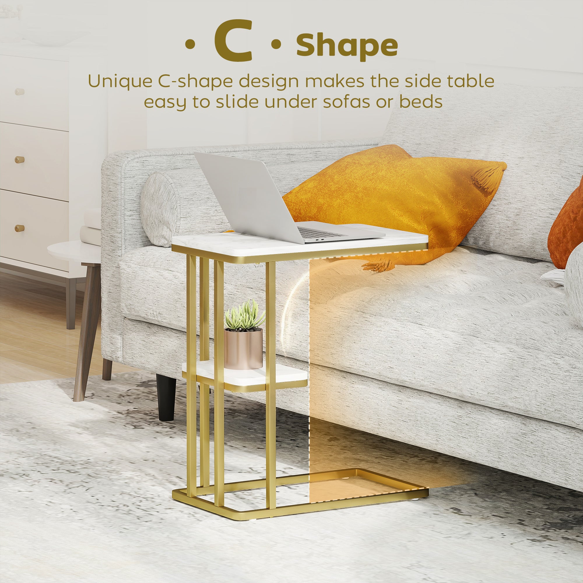 C-Shaped Narrow Side Table, 2-Tier Slim End Table with Storage Shelf, Modern Nightstand for Small Spaces, Living Room, Bedroom, 50 x 30 x 57.5 cm, White Marble Grain