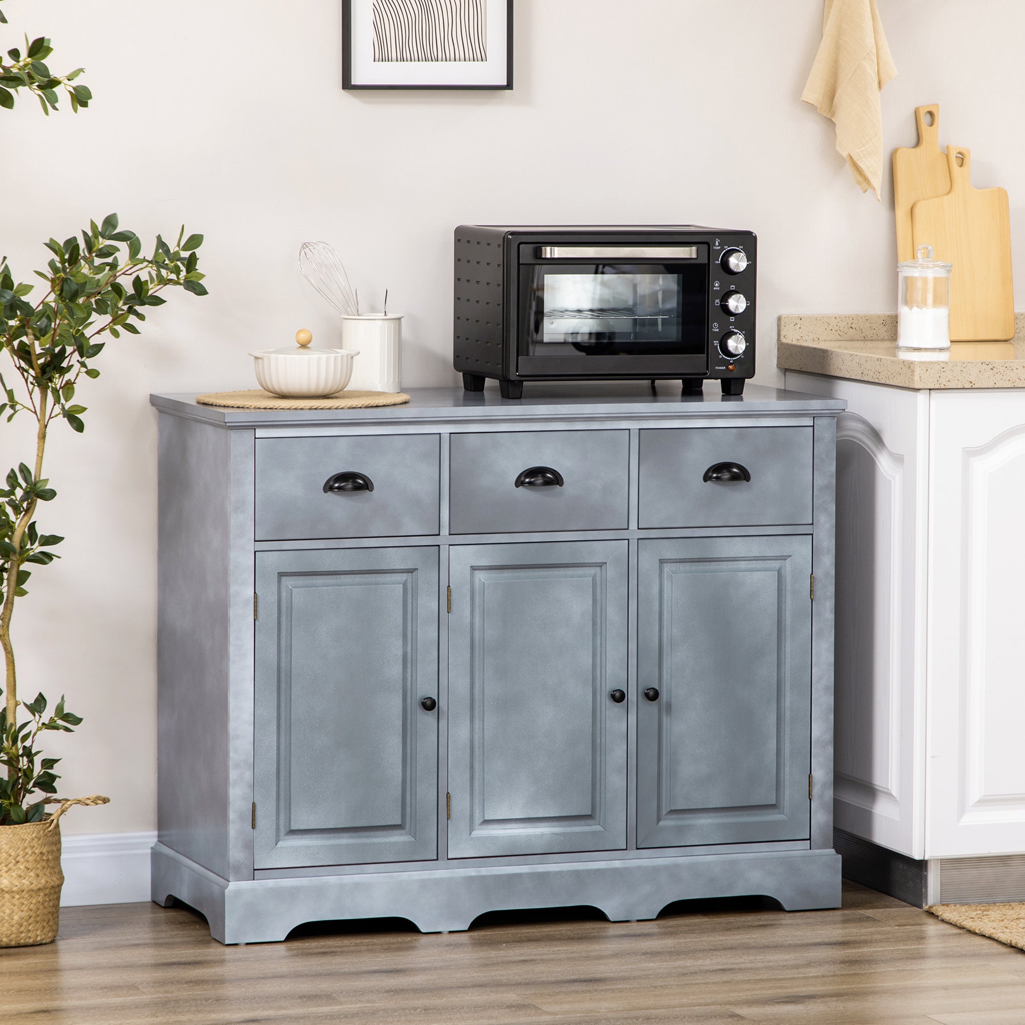 Sideboard Buffet Kitchen Cabinet with 3 Drawers 3 Door Cabinets Adjustable Shelf, Gray