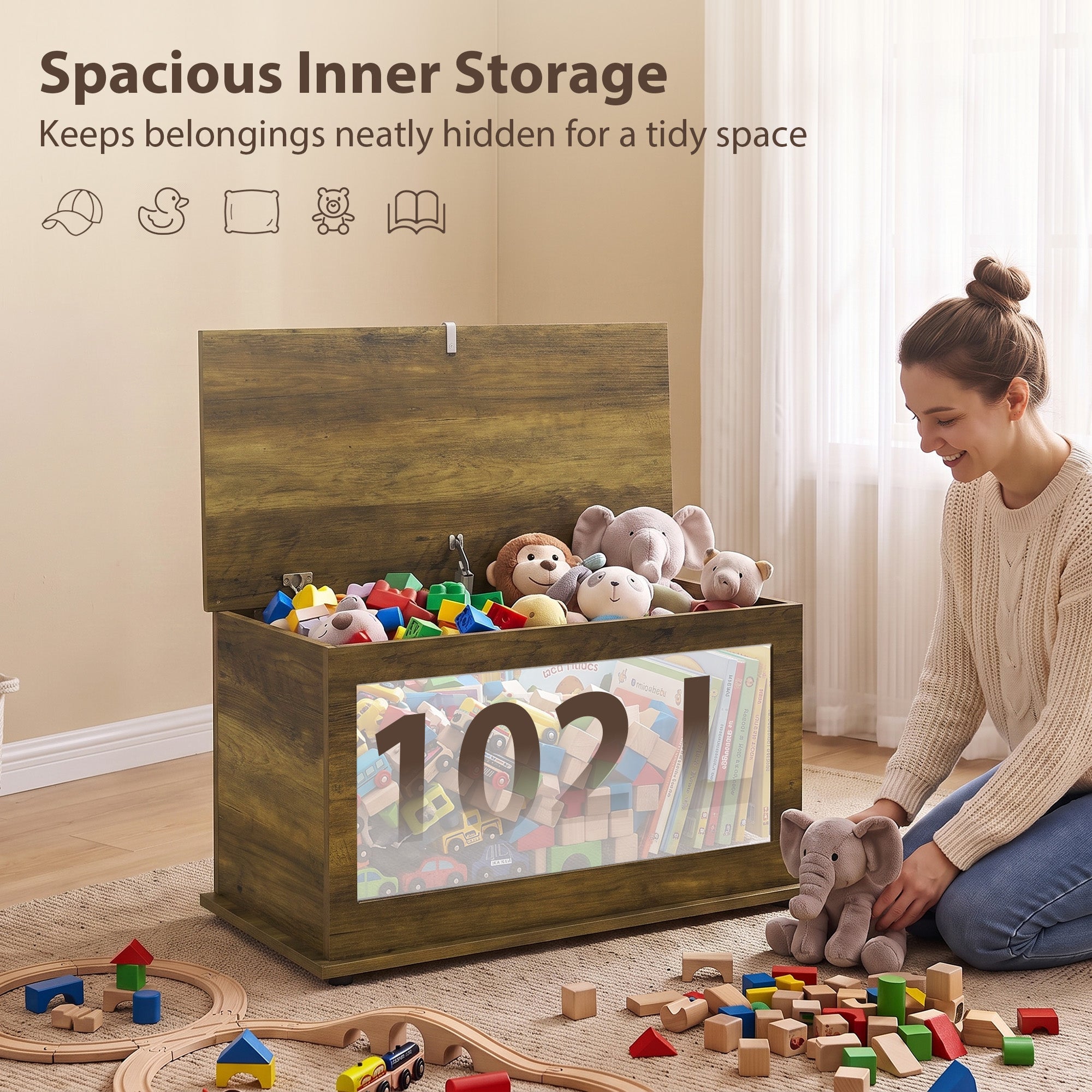 Storage Chest, Large 102L Blanket Box, Shoe Bench with Safety Hinged Lid, Storage Trunk, Bed End Bench for Bedroom, Hallway, Living room, Playroom, 80 x 40 x 45cm, Brown