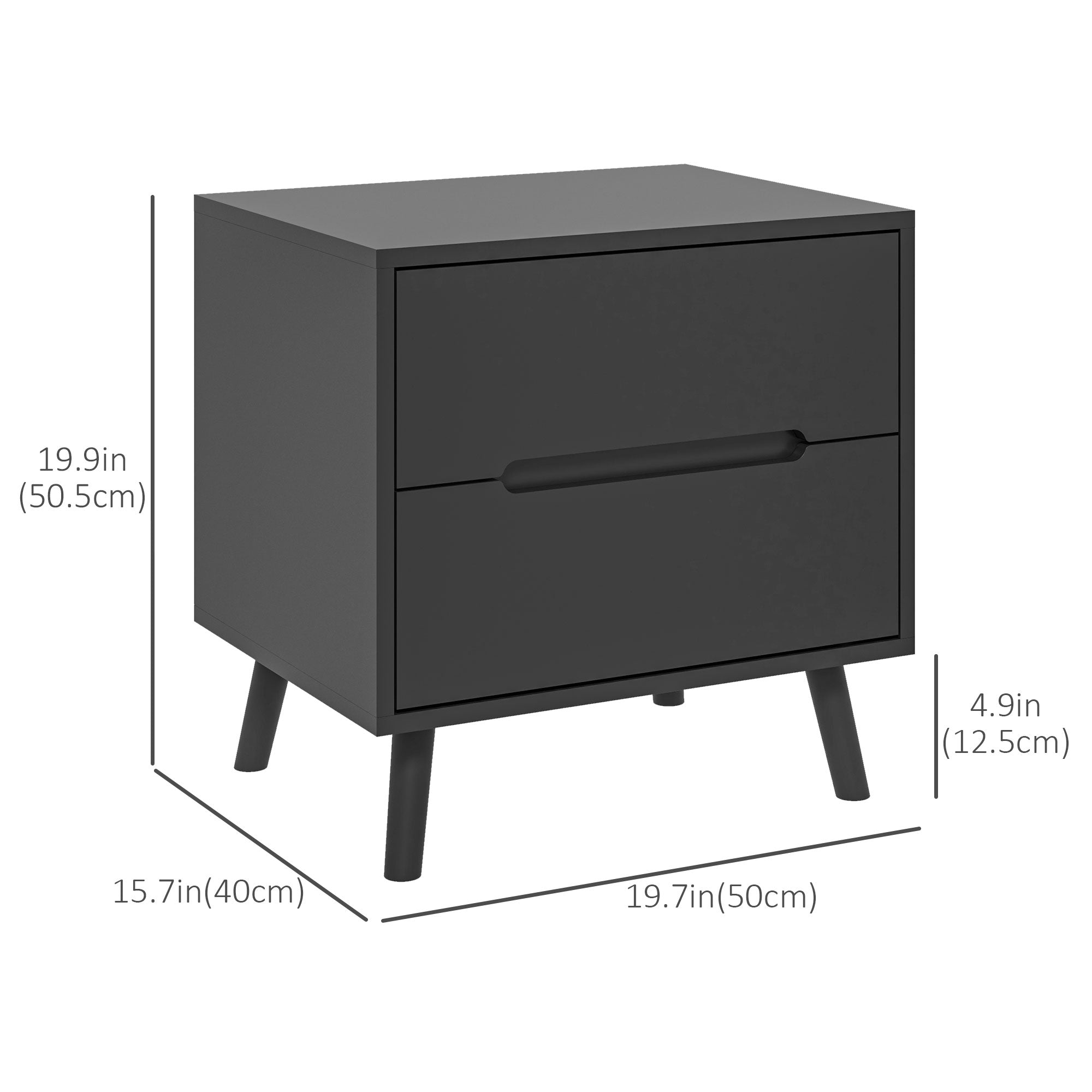 HOMCOM Modern Bedside Table, Nightstand with 2 Drawers, Side End Table with Solid Wood Legs for Bedroom, Black