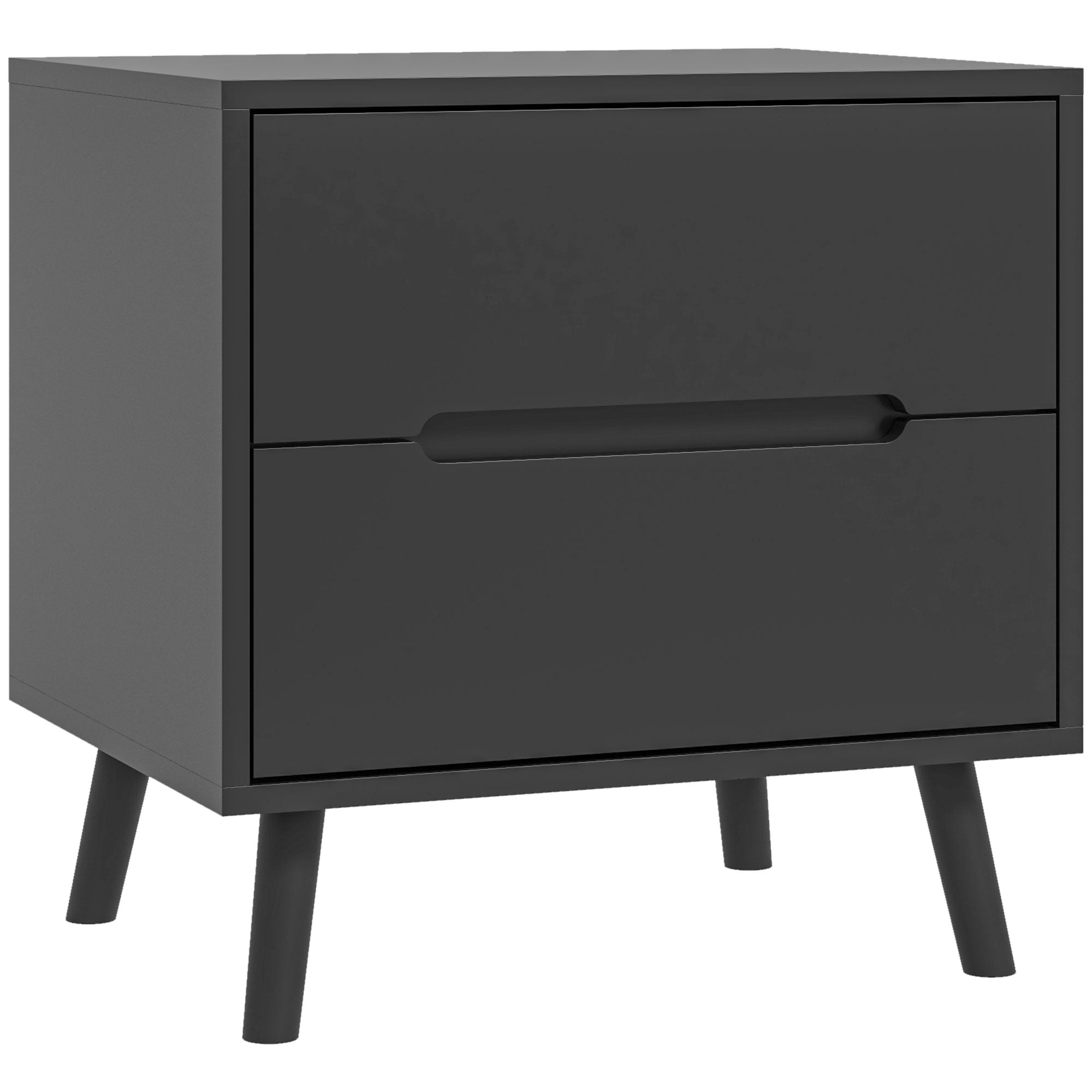 HOMCOM Modern Bedside Table, Nightstand with 2 Drawers, Side End Table with Solid Wood Legs for Bedroom, Black