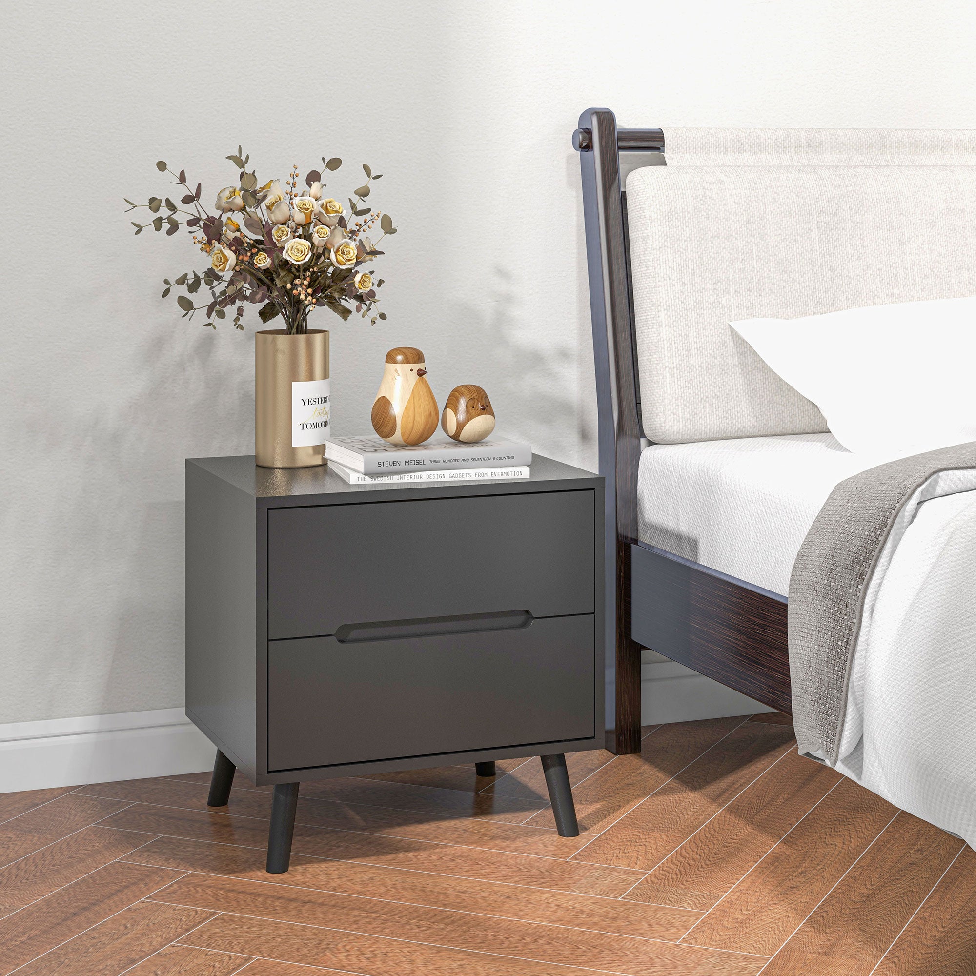 HOMCOM Modern Bedside Table, Nightstand with 2 Drawers, Side End Table with Solid Wood Legs for Bedroom, Black