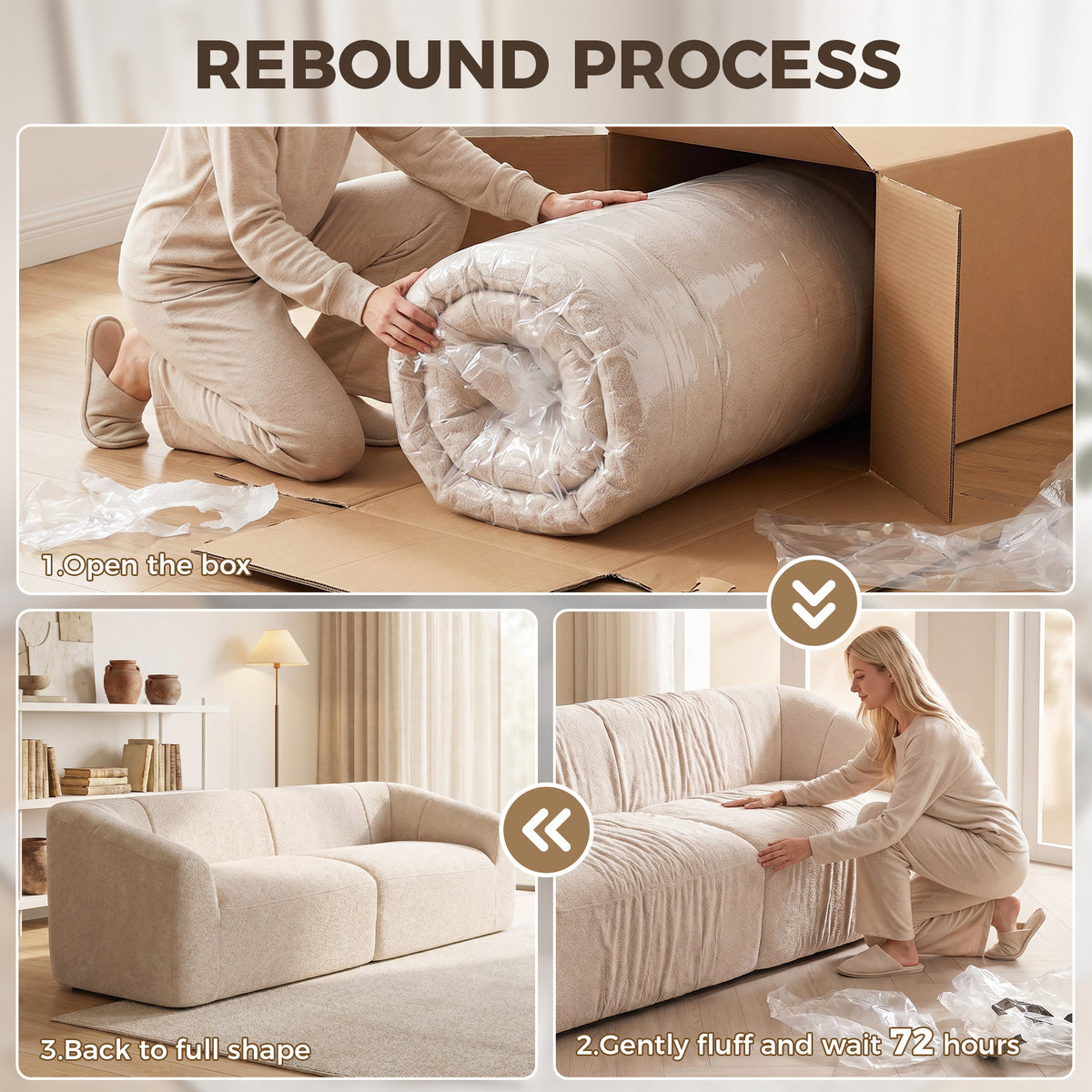 3 Seater Sofa, 89" Chenille Boneless Cloud Couch with Spring Cushion, Wide and Deep Seat, Modern Sofa for Living Room, Beige