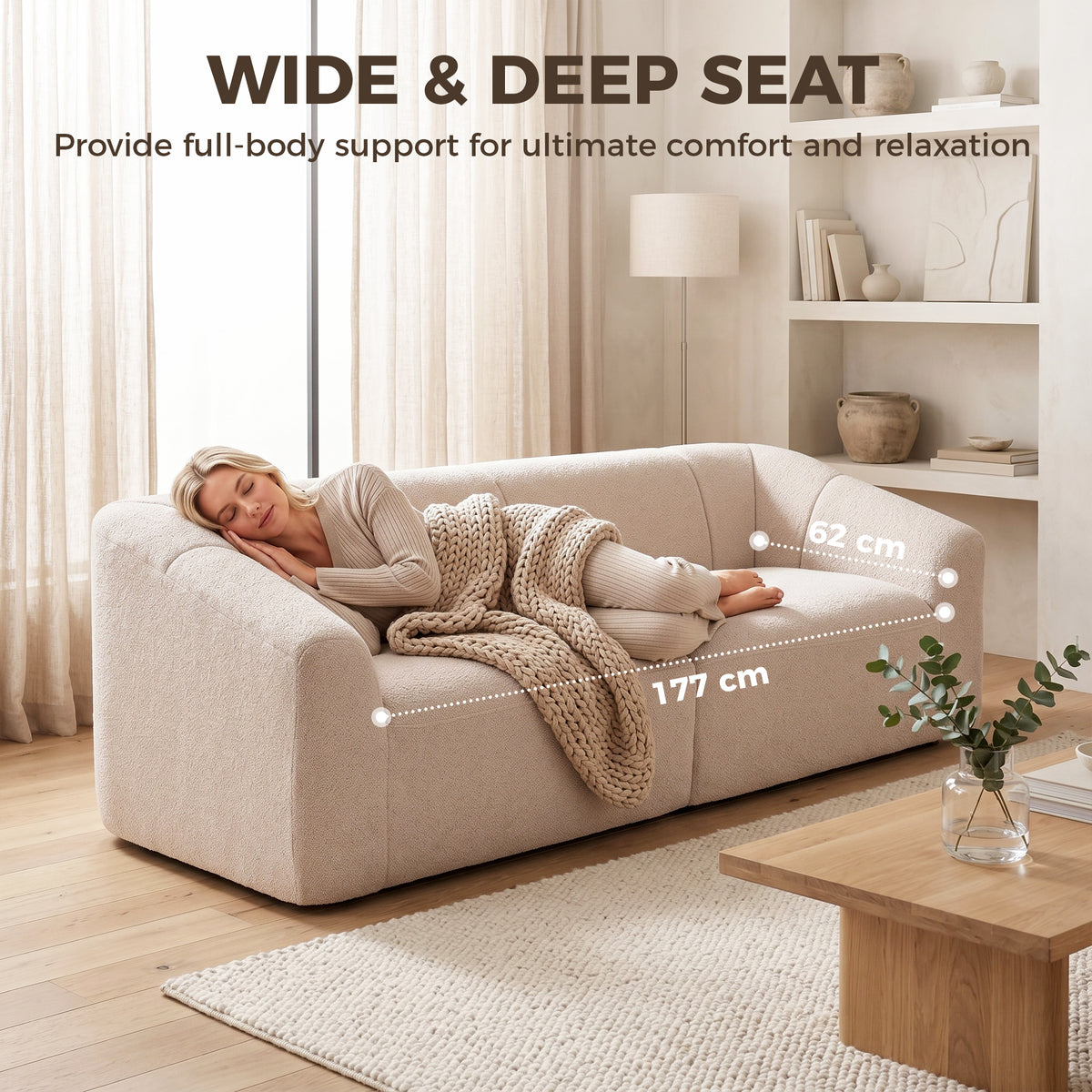 3 Seater Sofa, 89" Chenille Boneless Cloud Couch with Spring Cushion, Wide and Deep Seat, Modern Sofa for Living Room, Beige