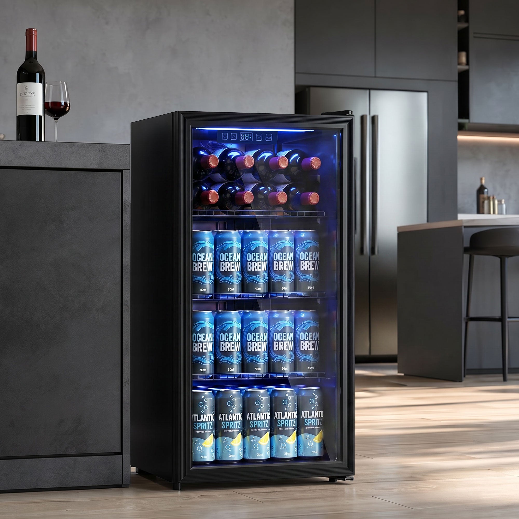 90L Drinks Fridge, 139 Can Under Counter Freestanding Beer Fridge with Double-Layer Glass Door, Wine Cooler with LED Light, Adjustable Shelves, Beverage Cooler for Soda Beer, Home Office