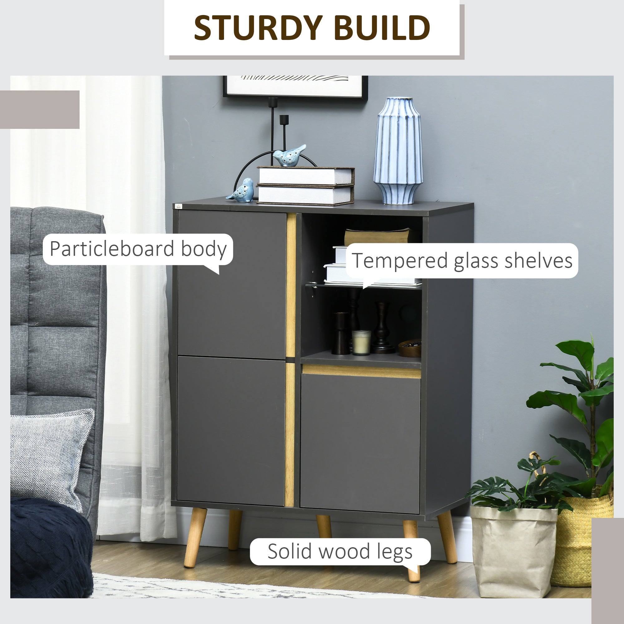 HOMCOM Modern Sideboard, Storage Cabinet with Tempered Glass Adjustable Shelves for Living Room, Hallway, Kitchen