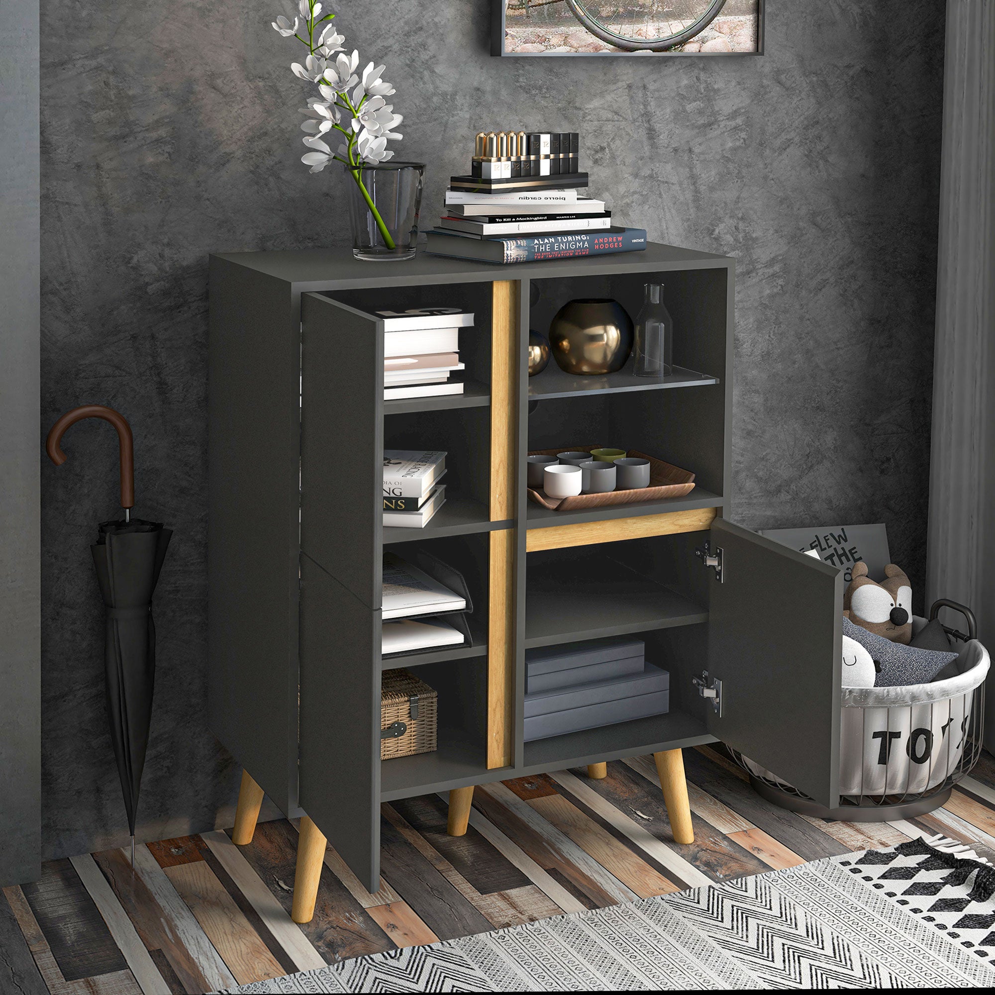 HOMCOM Modern Sideboard, Storage Cabinet with Tempered Glass Adjustable Shelves for Living Room, Hallway, Kitchen