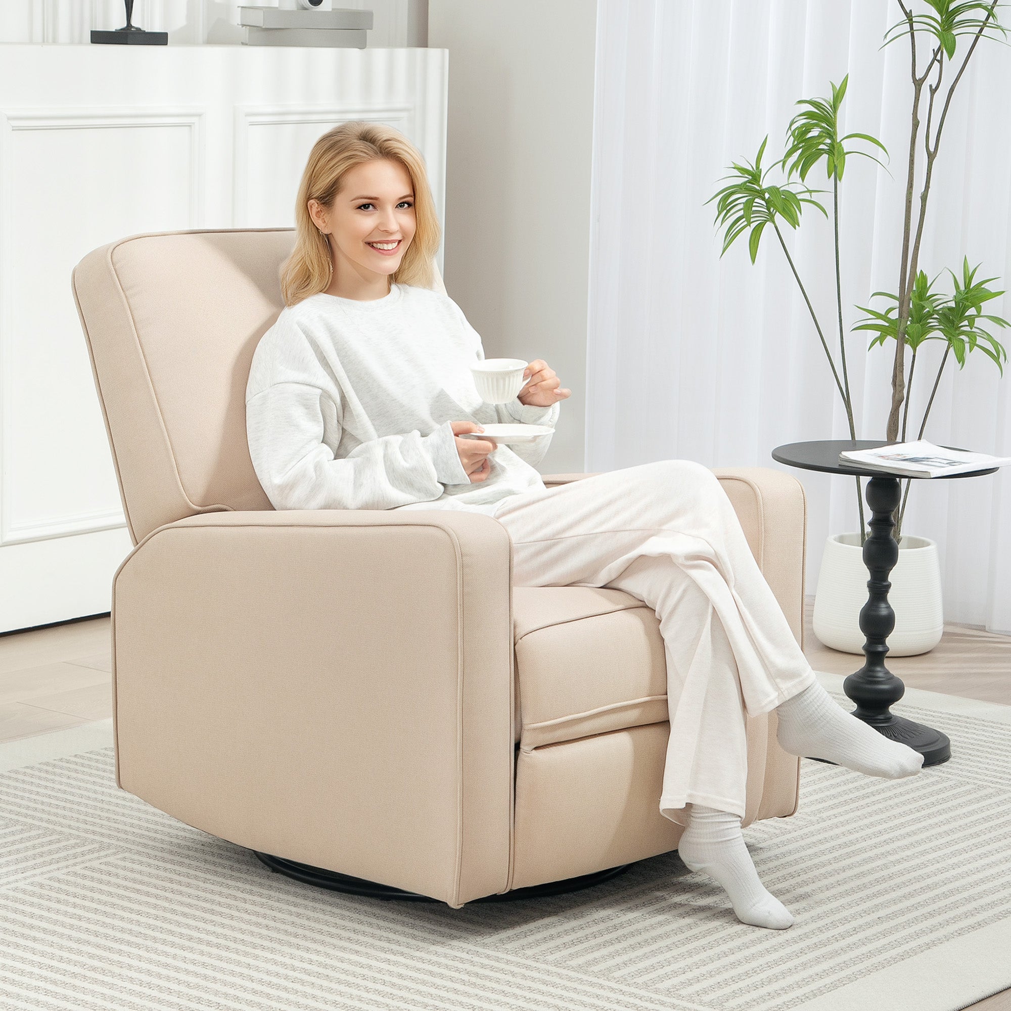 HOMCOM Manual Recliner Chair for Adults, Adjustable Single Sofa with Thick Cushion, Breathable Fabric Glider Rocking Chair for Living Room, Beige