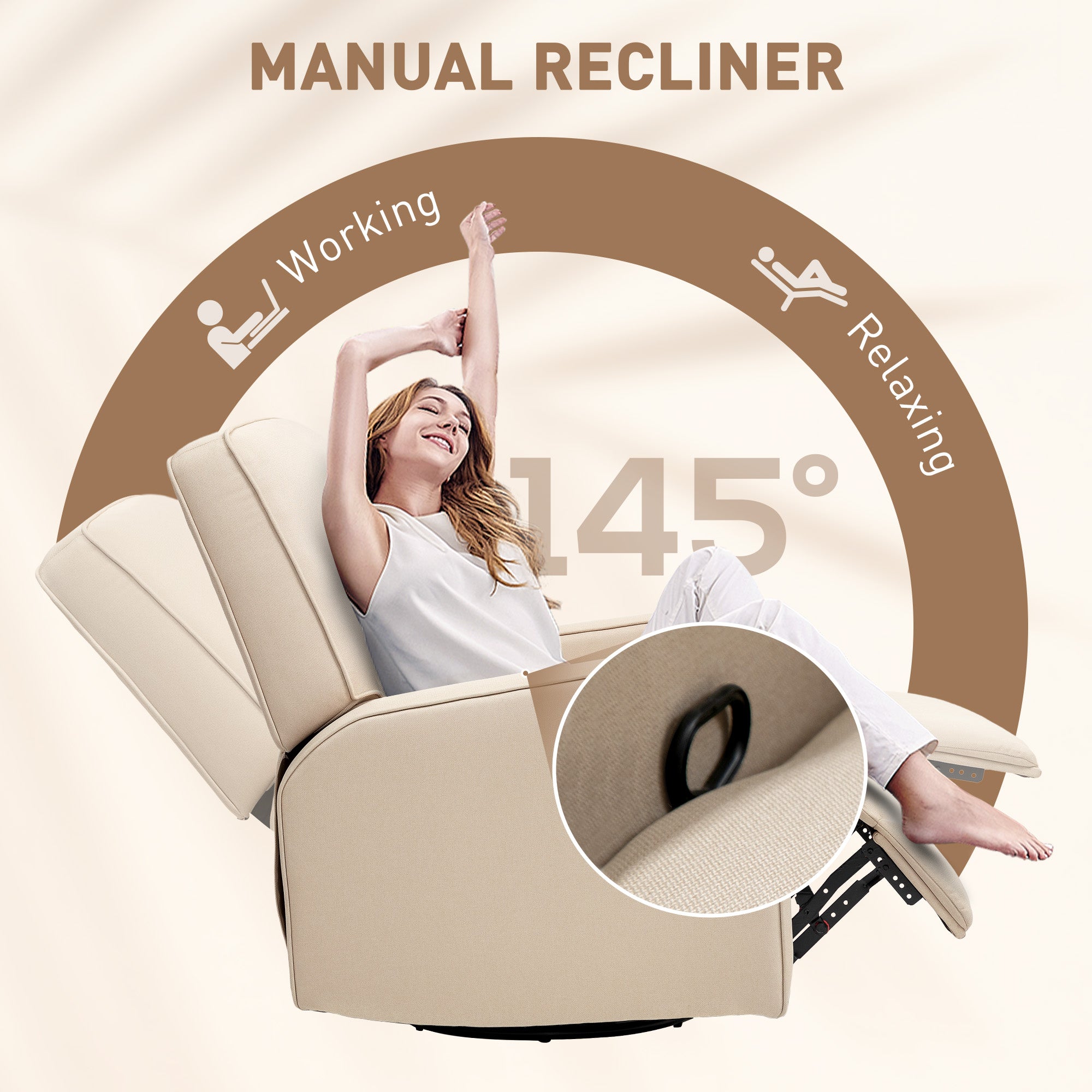 HOMCOM Manual Recliner Chair for Adults, Adjustable Single Sofa with Thick Cushion, Breathable Fabric Glider Rocking Chair for Living Room, Beige