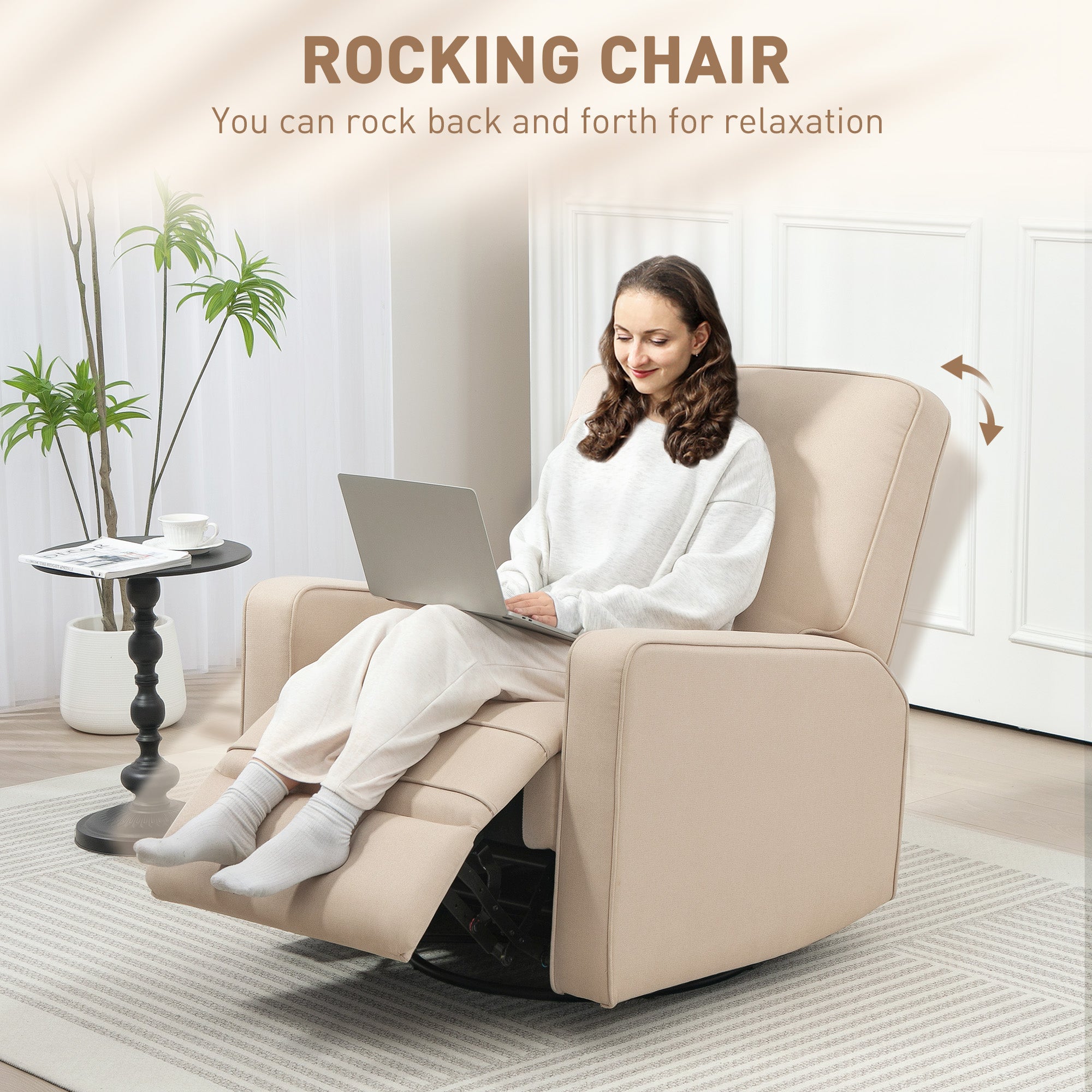HOMCOM Manual Recliner Chair for Adults, Adjustable Single Sofa with Thick Cushion, Breathable Fabric Glider Rocking Chair for Living Room, Beige