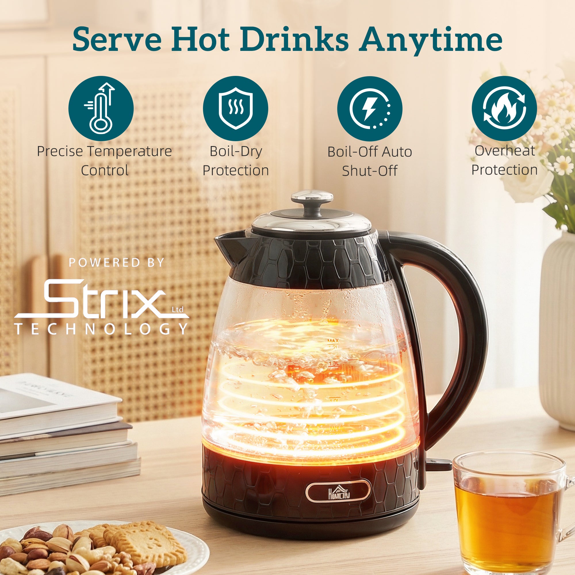 Kettle and Toaster Set, 1.7L 3000W Rapid Boil Jug Kettle with Strix Thermostat, Limescale Filter, 4 Slice Toaster with 7 Browning Controls, Crumb Tray, Black