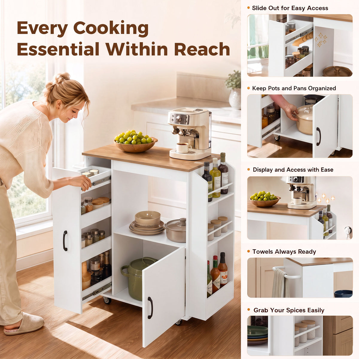 Kitchen Trolley on Wheels, Rolling Kitchen Island Cart with Power Outlet, Cabinet, Pull-Out Drawer and Towel & Spice Rack, Mobile Serving Trolley Cart for Dining Room, Bathroom, White