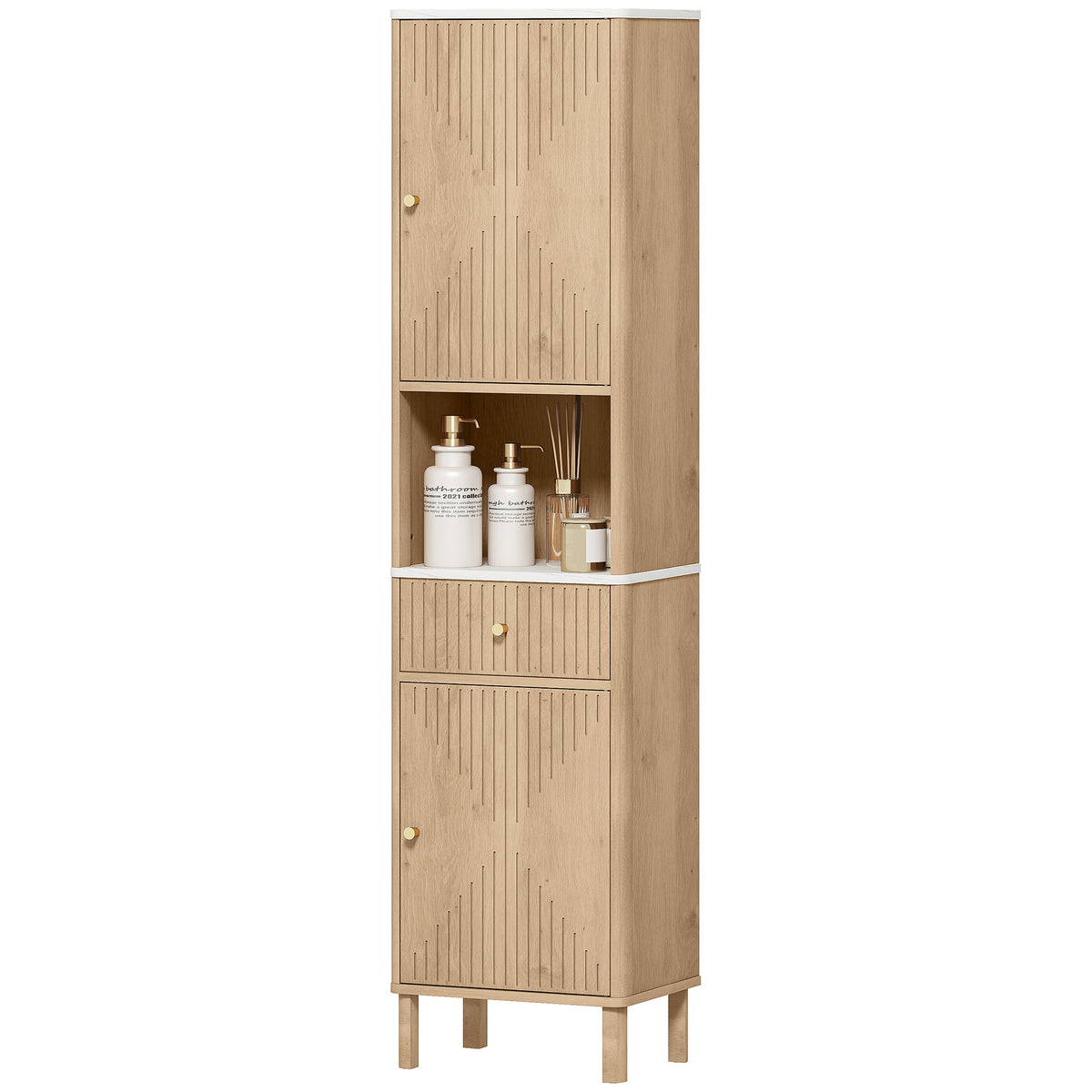 66" Tall Bathroom Cabinet, Freestanding Slim Bathroom Storage Cabinet with Silent-Glide Drawer, Adjustable Shelves, 2 Cupboards and Groove Doors, Oak Wood Effect