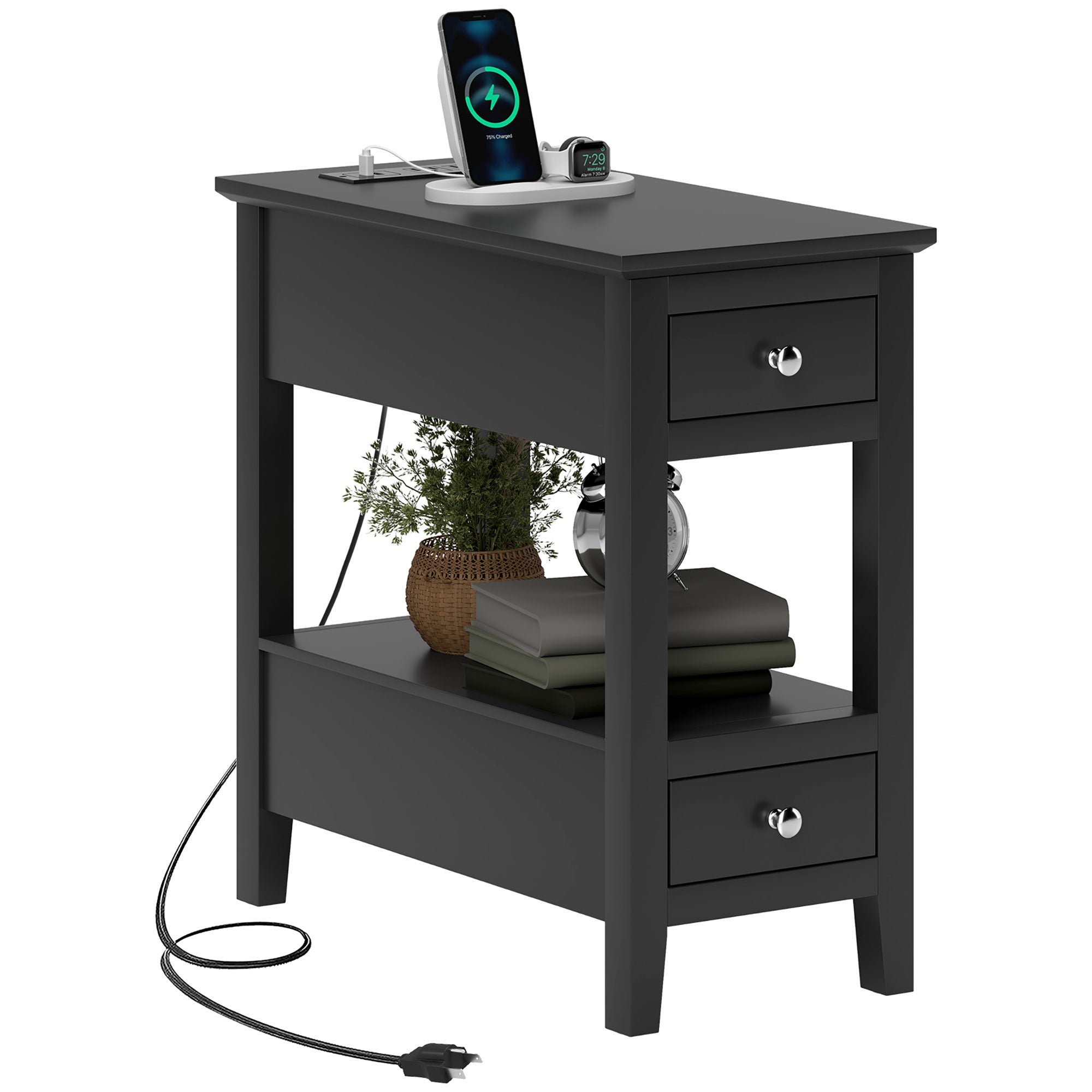 HOMCOM End Table with Charging Station and USB Ports, Modern Narrow Side Table with Storage Shelf, 2 Drawers for Living Room, Black
