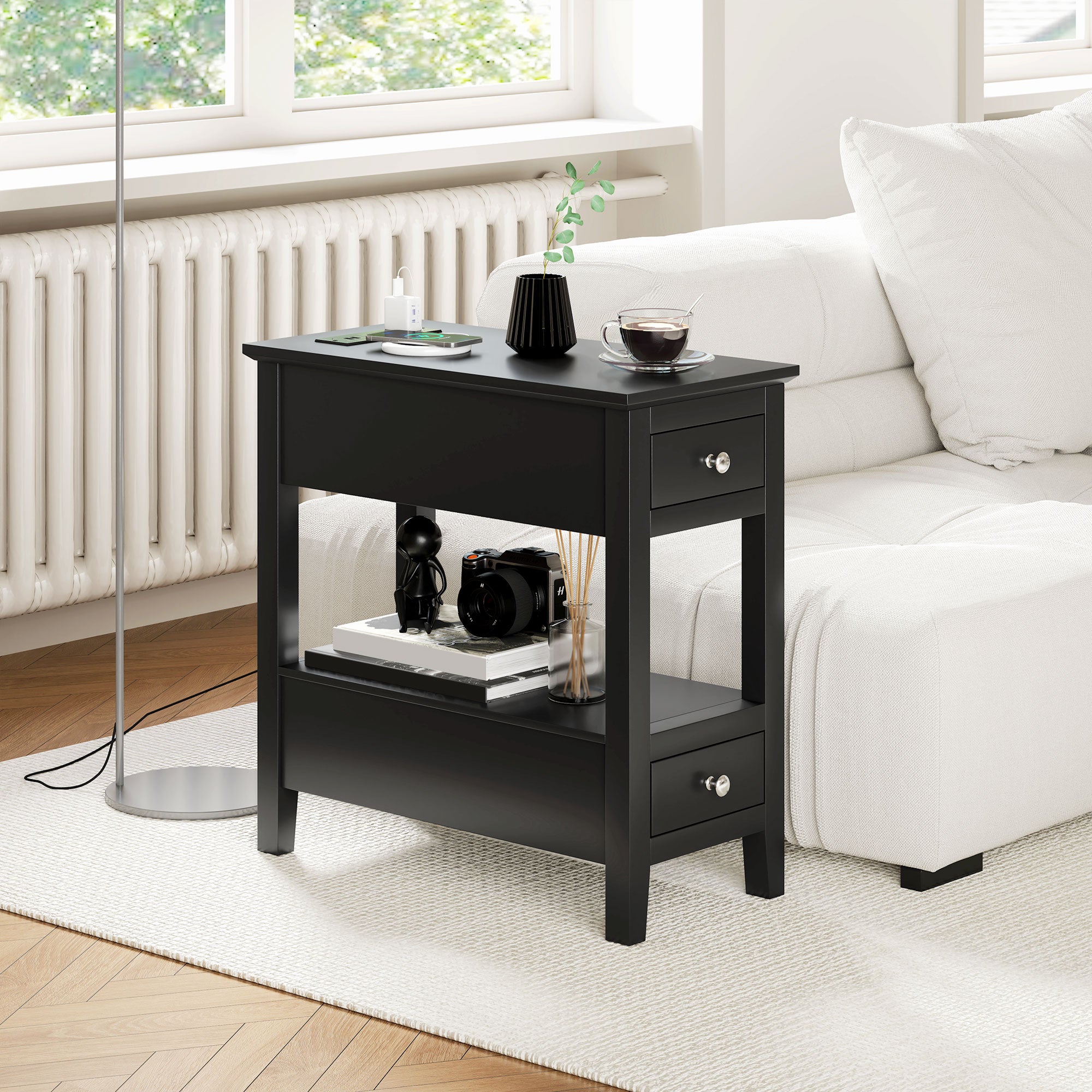 HOMCOM End Table with Charging Station and USB Ports, Modern Narrow Side Table with Storage Shelf, 2 Drawers for Living Room, Black